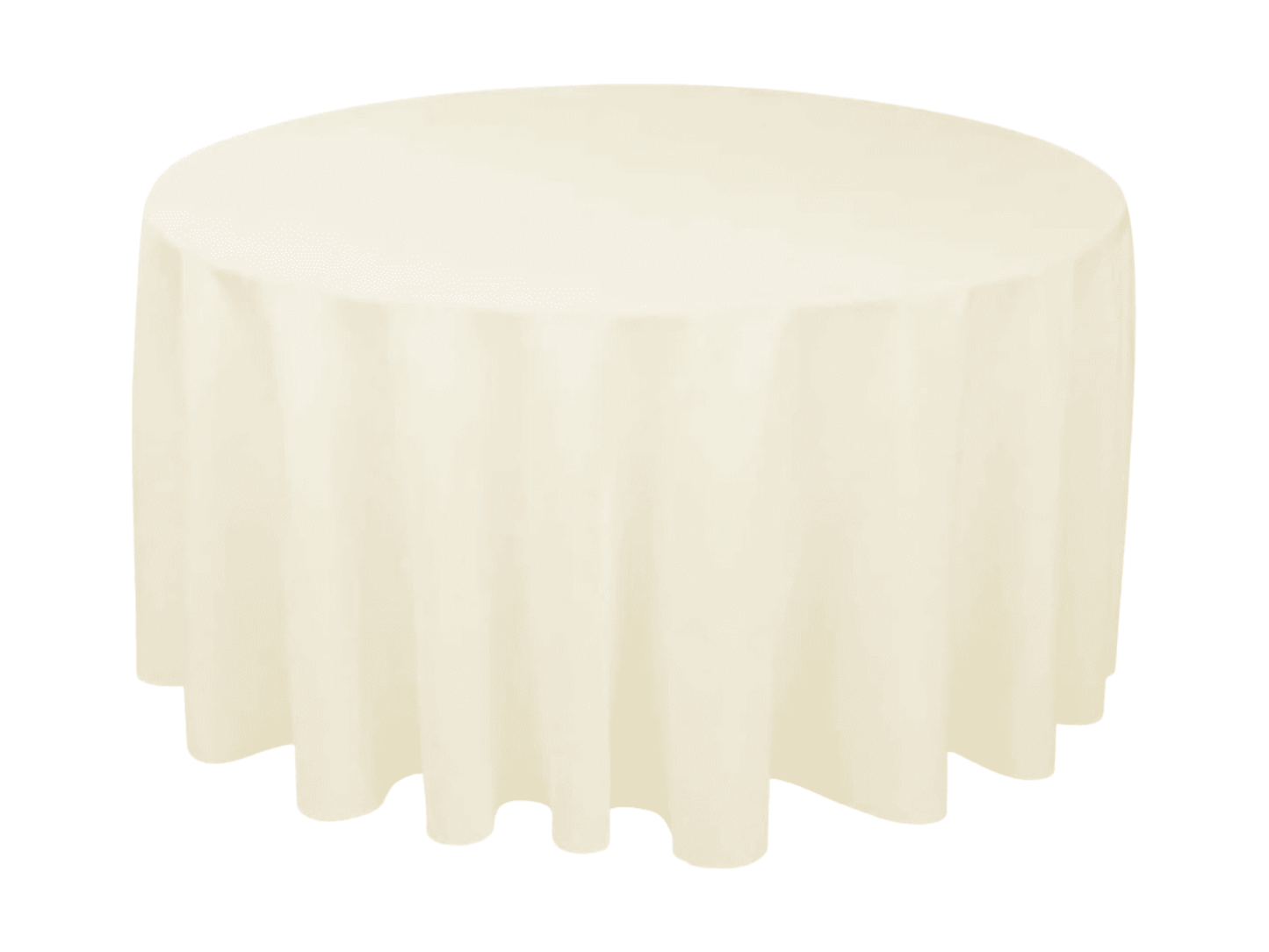 ROUND POLY LINEN - IVORY | 132" - 132" Diameter High quality polyester linen in Ivory that fits as floor length linen on 60" or 72" Round Tables. Traditional polyester linens are an industry standard that create a neat and uniform appearance when placed o