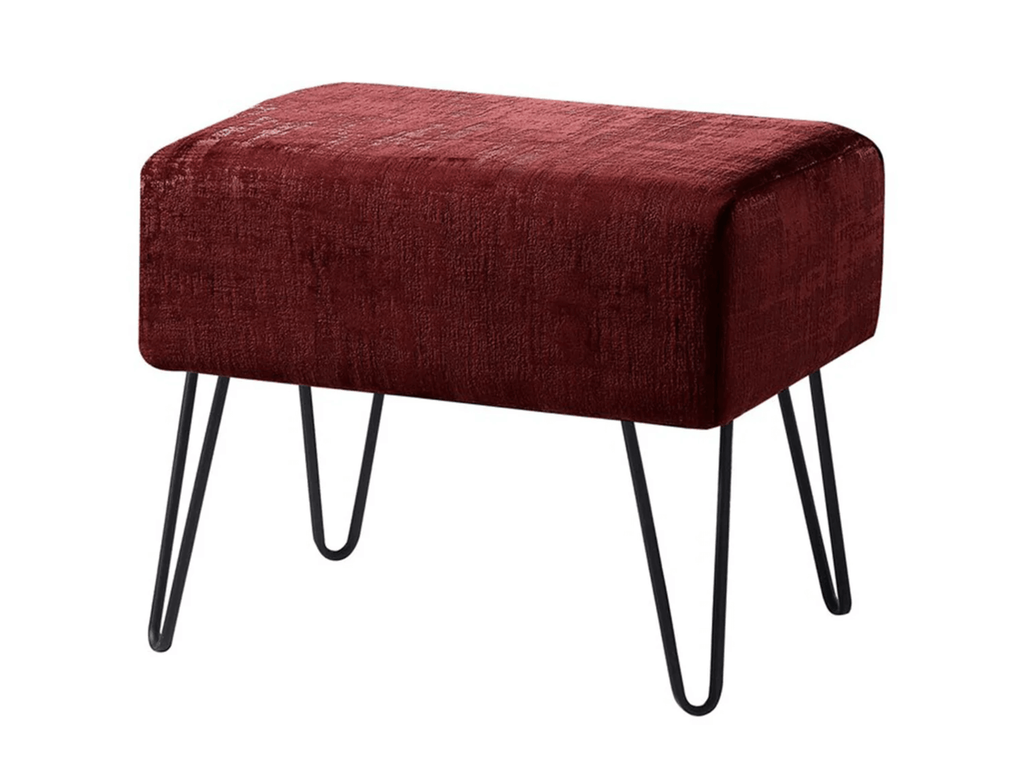 ZOE VELVET OTTOMAN - BURGUNDY - H 17" / W 19" / D 13" LLL's Zoe Velvet Ottoman is perfect for adding a touch of style to any room. Its burgundy velvet finish is stylish and sophisticated, and the unique black legs make a bold statement. The comfortable s