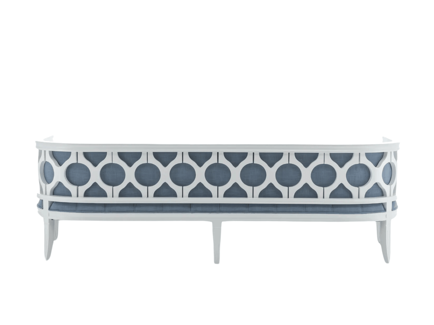 PIEDMONT SOFA - DUSTY BLUE LINEN W/ WHITE WOOD - H 29" / W 91" / D 29" LLL's Piedmont Sofa features a timeless and elegant design, combining both comfort and style. The sofa showcases a beautifully curved and tufted backrest and seat in a soft and linen f