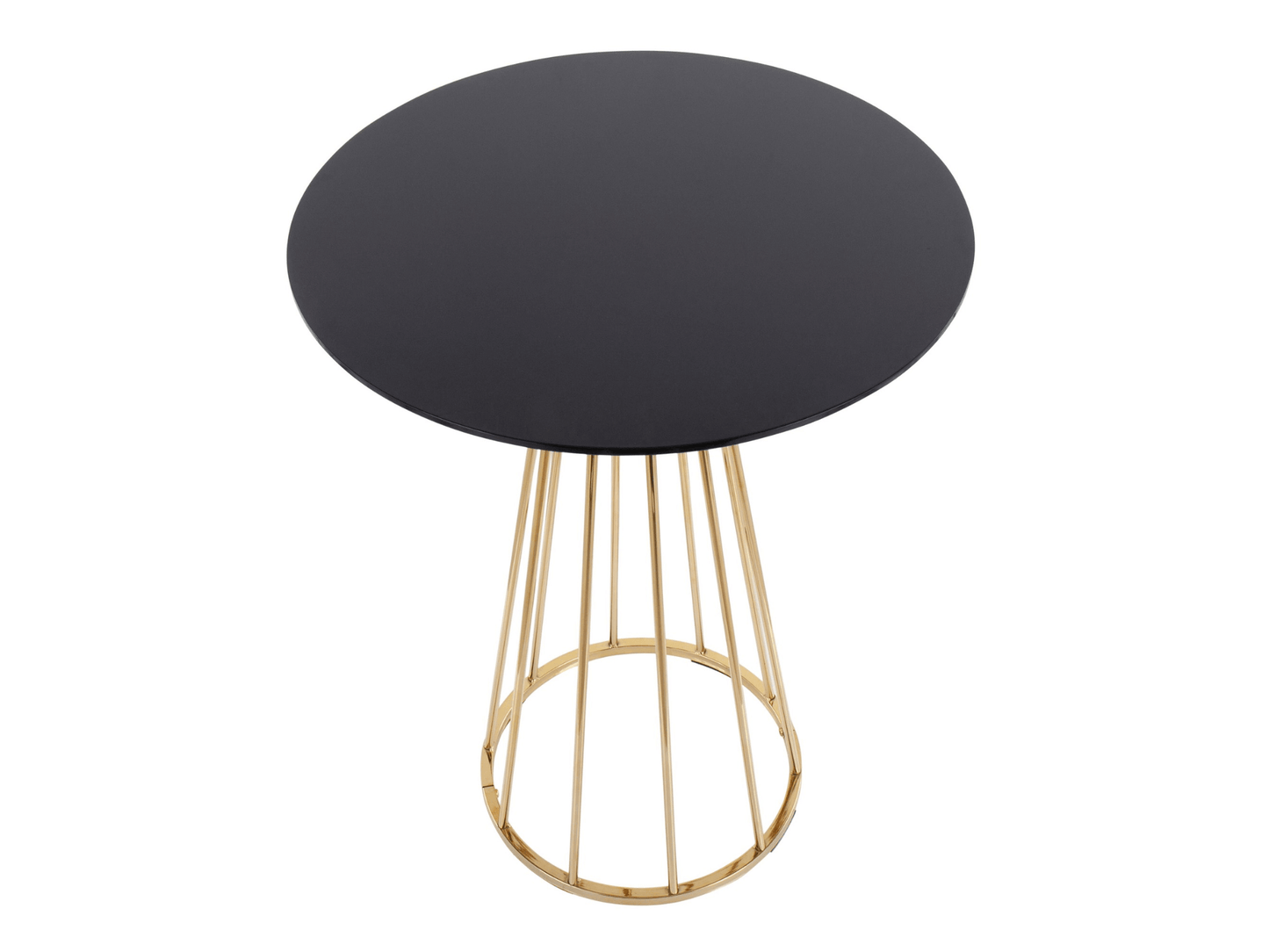BISTRO HIGHBOY - BLACK W/ GOLD BASE - H 42" / 27" Diameter LLL’s Bistro Highboy - Black w/ Gold Base flaunts a round shaped black table top with a gold caged wire pedestal base that creates a bold mid-century modern look. Stand in a group at this table or
