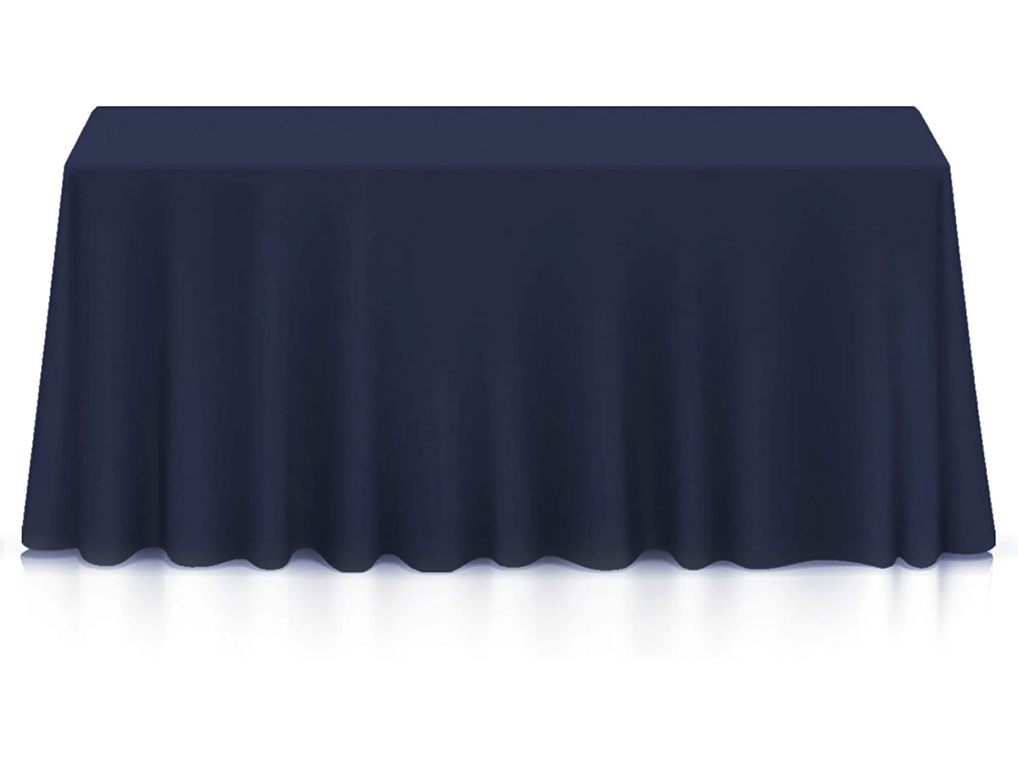 RECTANGULAR POLY LINEN | 90” x 156” - NAVY - W 90” x L 156” High quality polyester linen in Navy that fits as floor length linen on a 8ft Banquet Table. Traditional polyester linens are an industry standard that create a neat and uniform appearance when p