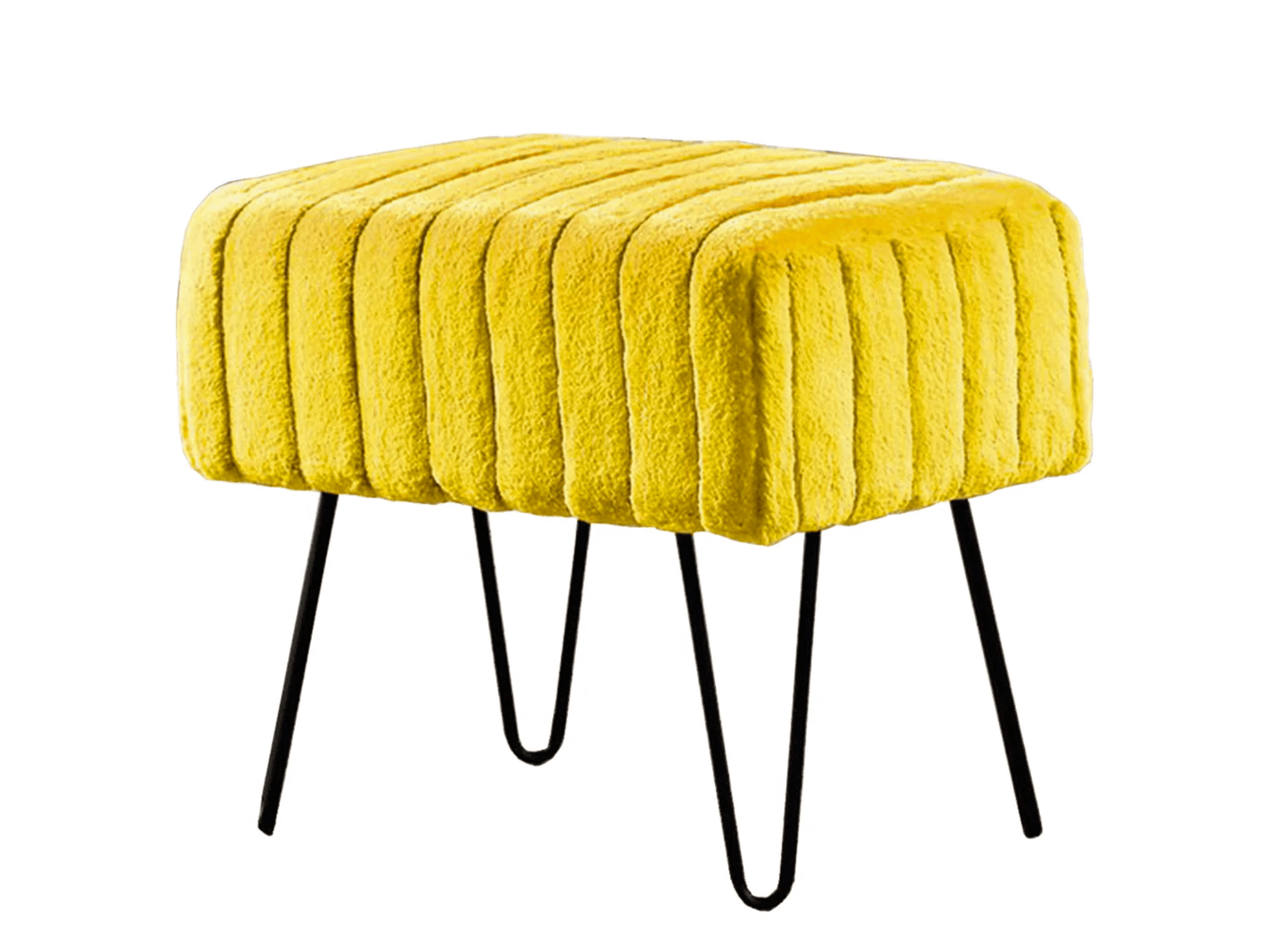 ZOE CHANNEL TUFTED VELVET OTTOMAN - YELLOW - H 17" / W 19" / D 13" LLL's stylish Zoe Channel Tufted Velvet Ottoman is upholstered in a luxurious yellow velvet fabric. It features a classic tufted design with unique black legs and a plush seating surface.