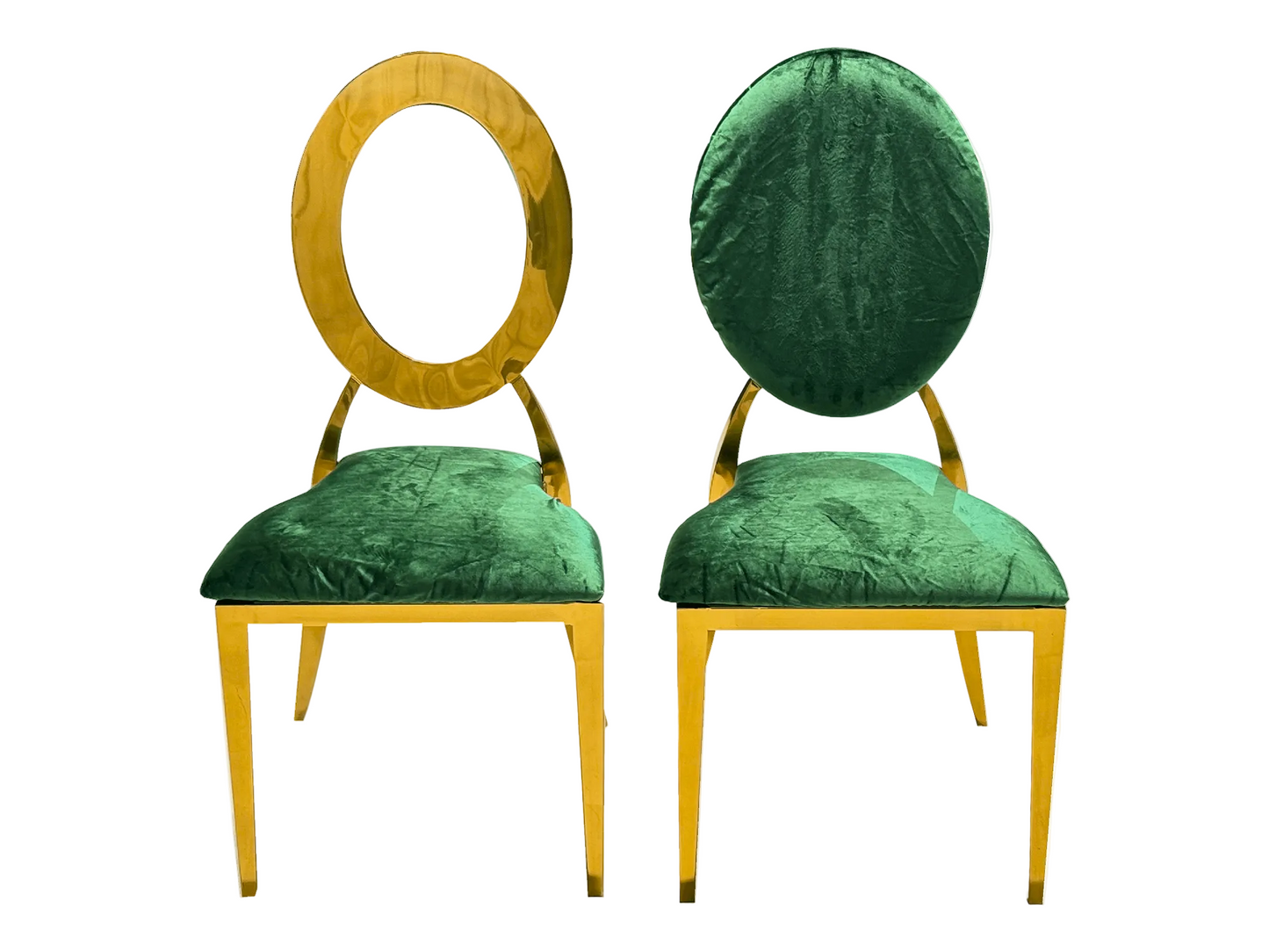 BELLAGIO CHAIR - GOLD W/ EMERALD VELVET CUSHIONS - H 38" / W 18" / D 20" | Seat Height 16" Elevate your party style with the gorgeous Bellagio Chair. This chair is a modern twist on the classic "O" back chair. Choose from either the classic emerald velvet