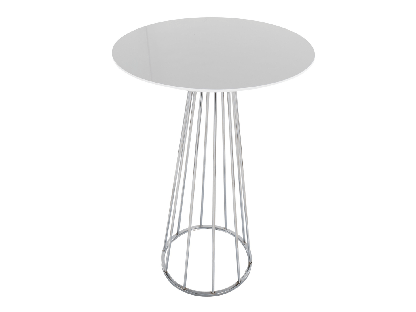 BISTRO HIGHBOY - WHITE W/ CHROME BASE - H 42" / 27" Diameter LLL’s Bistro Highboy - White w/ Chrome Base flaunts a round shaped white table top with a chrome caged wire pedestal base that creates a bold mid-century modern look. Stand in a group at this ta