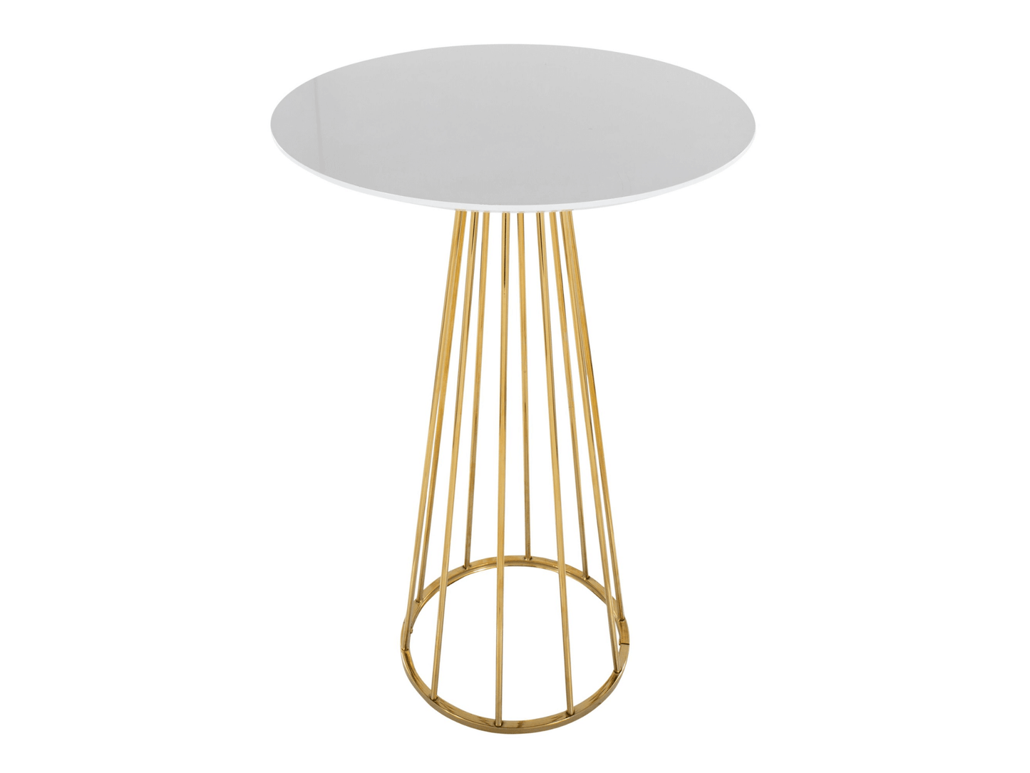 BISTRO HIGHBOY - WHITE W/ GOLD BASE - H 42" / 27" Diameter LLL’s Bistro Highboy - White w/ Gold Base flaunts a round shaped white table top with a gold caged wire pedestal base that creates a bold mid-century modern look. Stand in a group at this table or