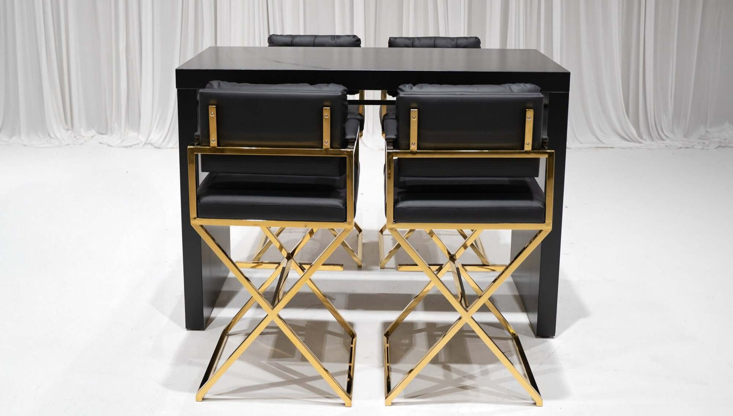 BARCELONA DIRECTOR'S CHAIR GROUPING 1 - BLACK W/ GOLD BASE - Featured Items in this grouping include: Barcelona Director's Chair - Black W/ Gold base Peachtree Communal Table - Black