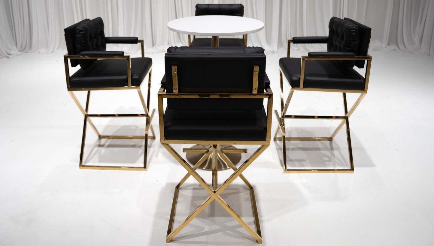 BARCELONA DIRECTOR'S CHAIR GROUPING 3 - BLACK W/ GOLD BASE - Featured Items in this grouping include: Barcelona Director's Chair - Black W/ Gold base Pub Highboy - White W/ Gold base