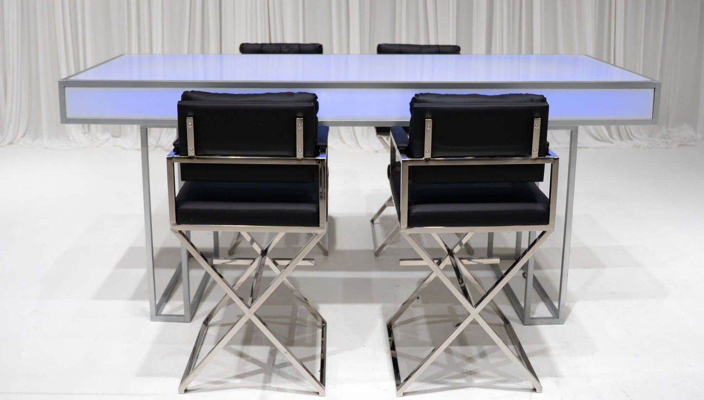 BARCELONA DIRECTOR'S CHAIR GROUPING 1 - BLACK W/ SILVER BASE - Featured Items in this grouping include: Barcelona Director's Chair - Black W/ Silver Base illuminated Communal Table