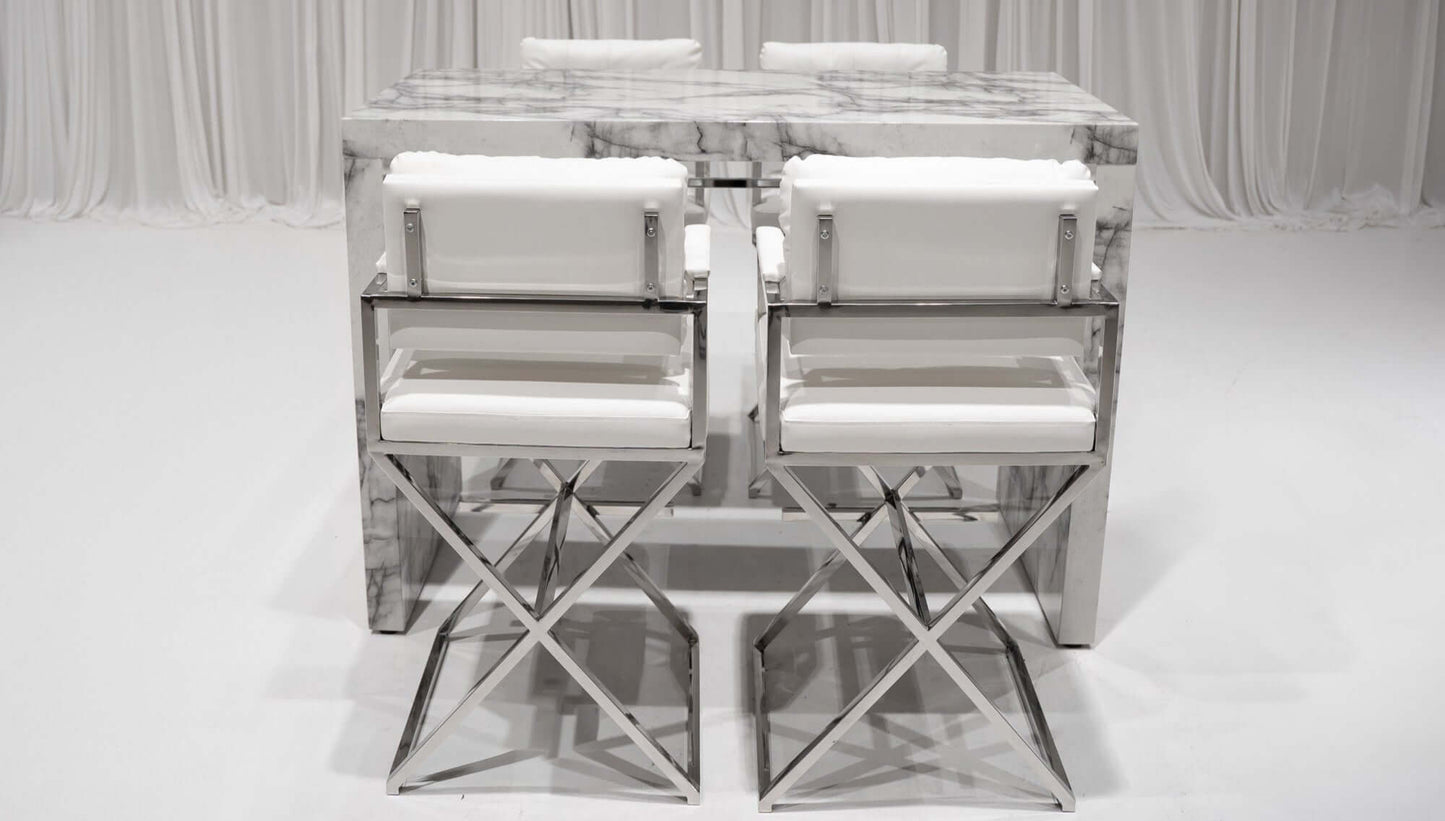 BARCELONA DIRECTOR'S CHAIR GROUPING 1 - WHITE W/ SILVER BASE - Featured Items in this grouping include: Barcelona Director's Chair - White W/ Silver Base Paris Communal Table