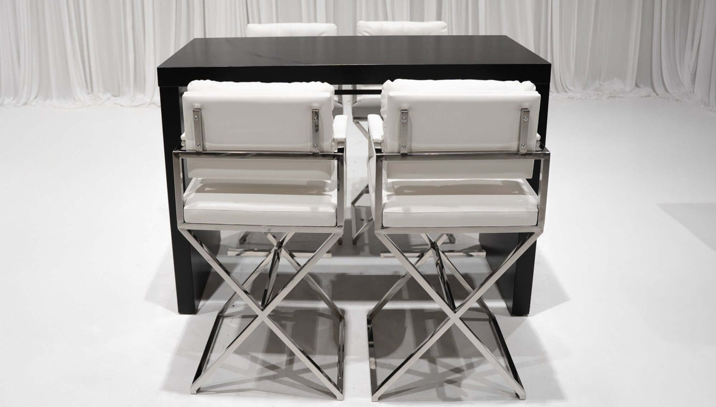 BARCELONA DIRECTOR'S CHAIR GROUPING 2 - WHITE W/ SILVER BASE - Featured Items in this grouping include: Barcelona Director's Chair - White W/ Silver Base Peachtree Communal Table - Black