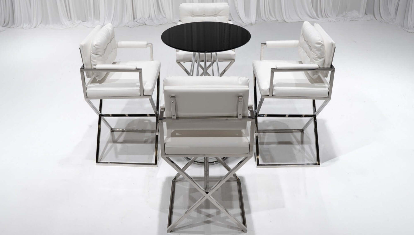 BARCELONA DIRECTOR'S CHAIR GROUPING 3 - WHITE W/ SILVER BASE - Featured Items in this grouping include: Barcelona Director's Chair - White W/ Silver Base Bistro Highboy - Black W/ Chrome Base