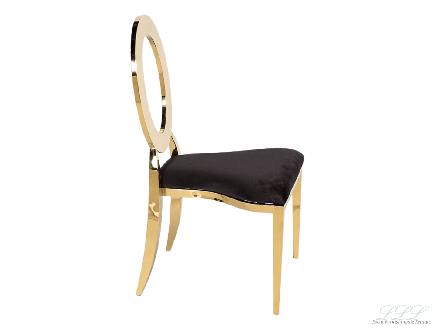 BELLAGIO CHAIR - GOLD W/ BLACK LEATHER CUSHIONS - H 38" / W 18" / D 20" | Seat Height 16" Elevate your party style with the gorgeous Bellagio Chair. This chair is a modern twist on the classic "O" back chair. Choose from either the classic black leather b