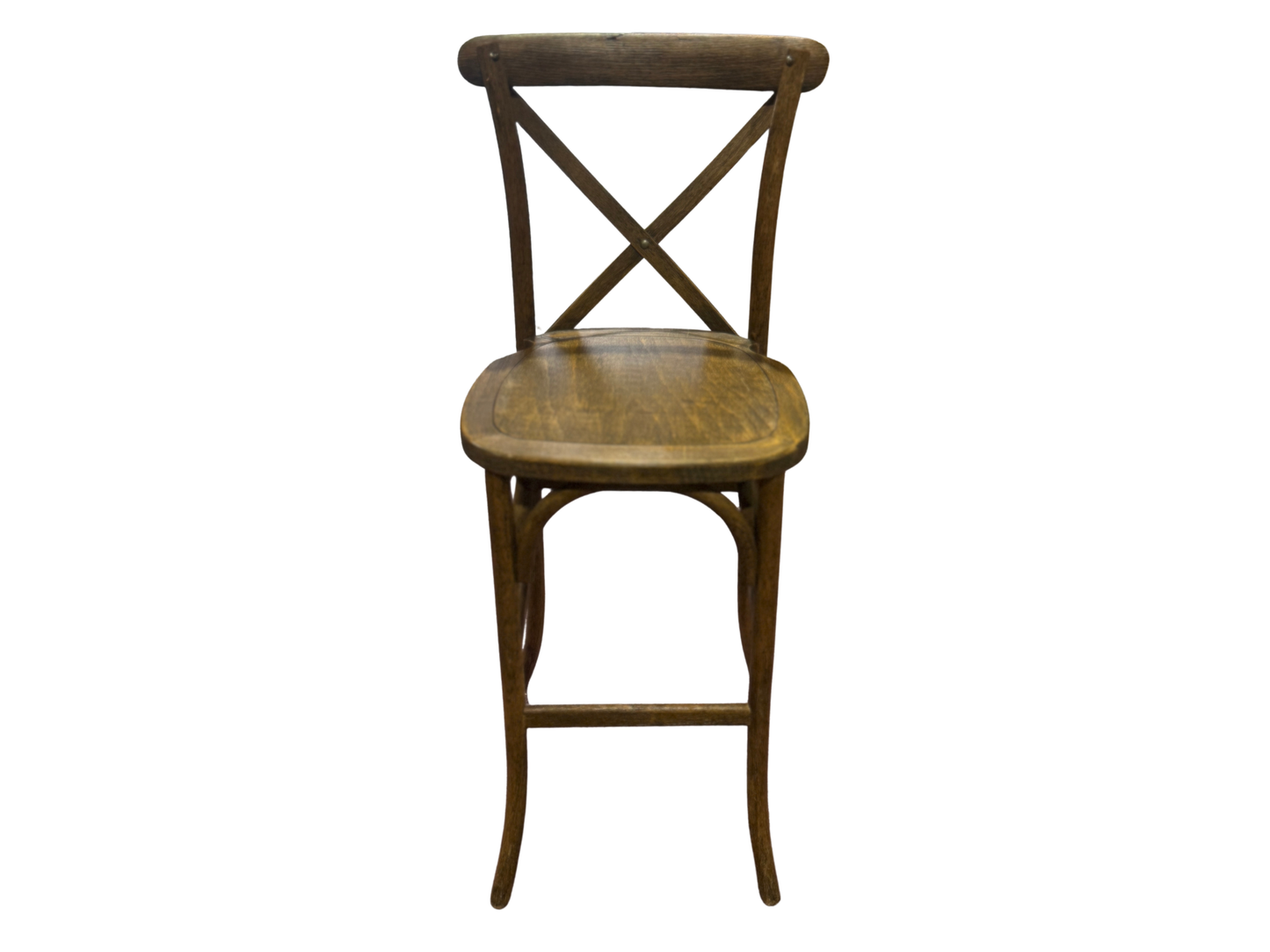 WOOD CROSS BACK BARSTOOL - PECAN - H 46” / W 18” / D 19” LLL's wood cross back barstool provide a contemporary rustic aesthetic to your event the are beautiful in both indoor and outdoor venues. The beauty of the natural wood brings a sophistication to a