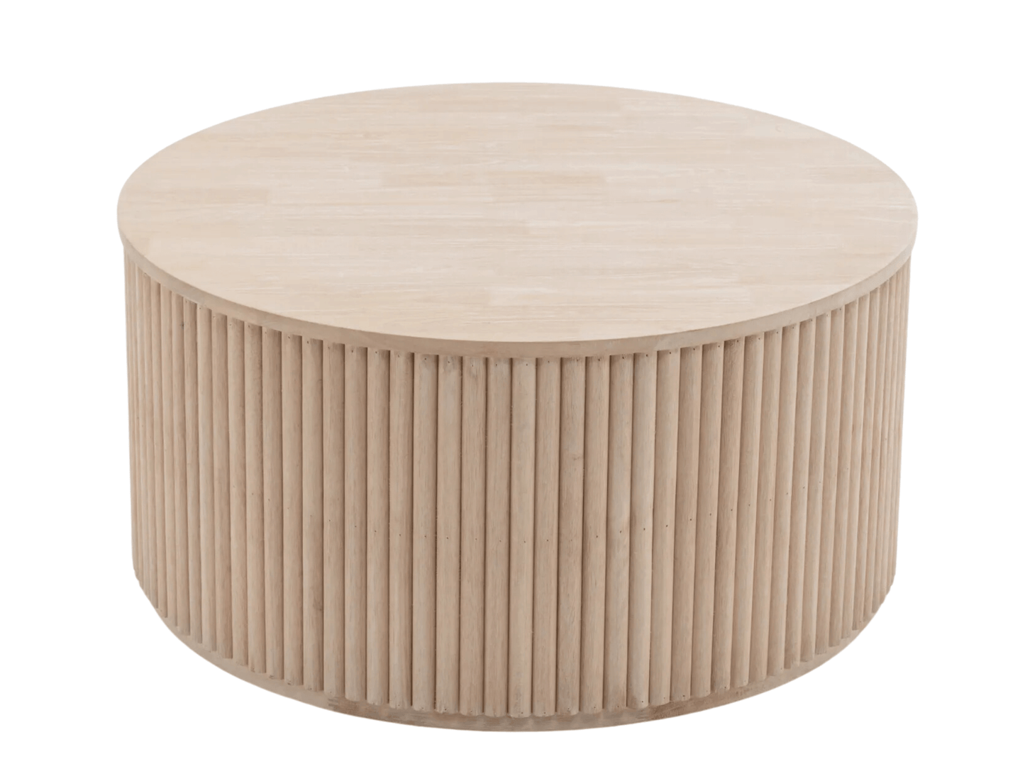 FAIRMONT FLUTED COFFEE TABLE - NATURAL WOOD - H 18" / W 35.4" / D 35.4" LLL's Fairmont Fluted Coffee Table is a minimalist yet sophisticated addition to any event space. Its cylindrical design features a stunning fluted exterior, showcasing vertical groov