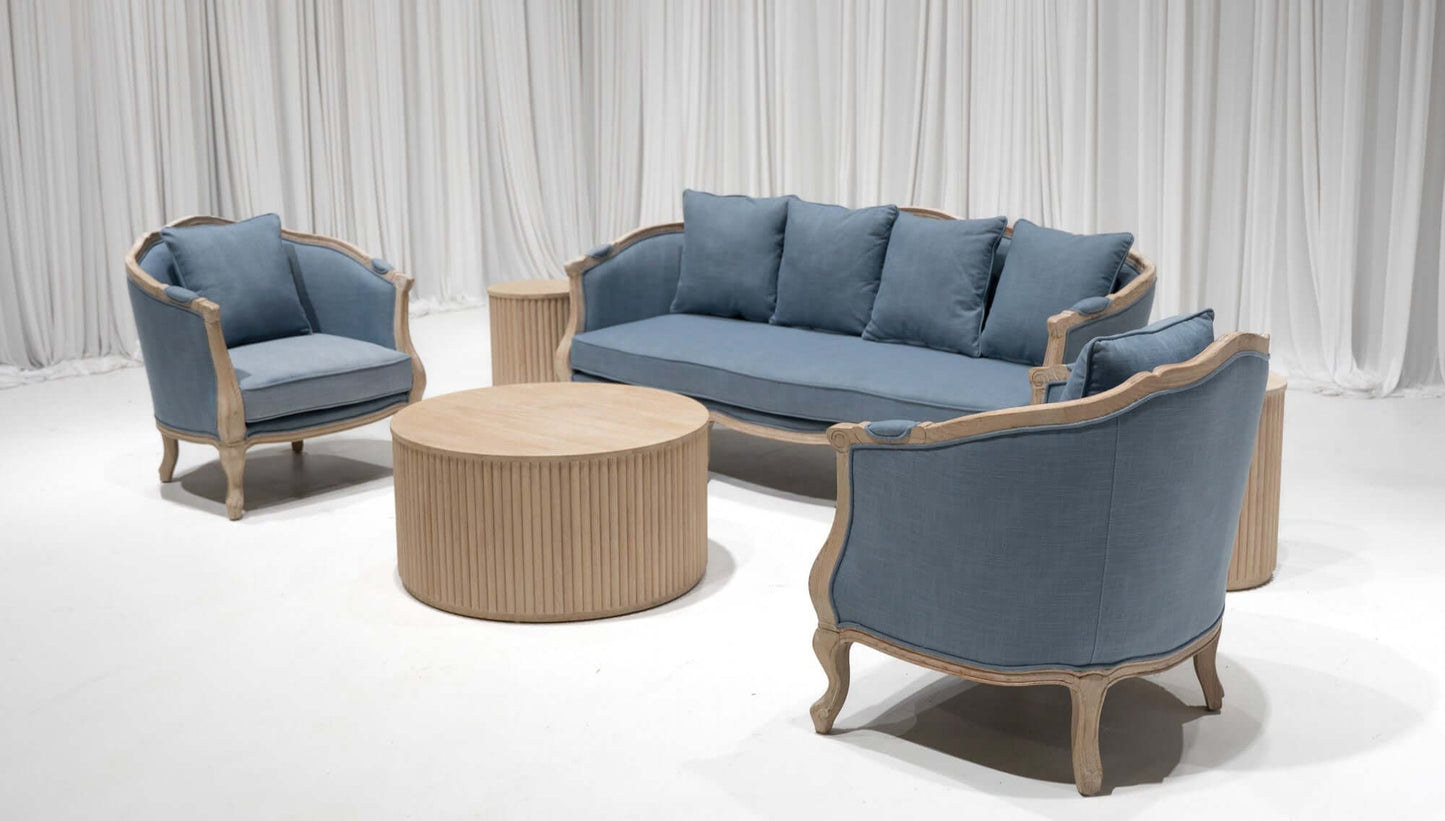 FITZGERALD SOFA GROUPING 1 - DUSTY BLUE LINEN W/ NATURAL WOOD - Featured Items in this grouping include: Fitzgerald Sofa - Dusty Blue Linen W/ Natural Wood Fitzgerald Armchair - Dusty Blue Linen W/ Natural Wood Fairmont Fluted Coffee Table - Natural Wood