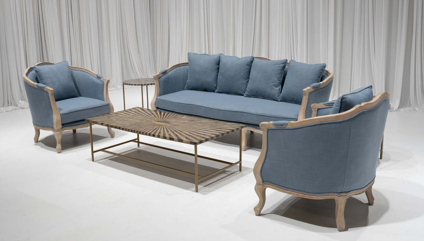 FITZGERALD SOFA GROUPING 2 - DUSTY BLUE LINEN W/ NATURAL WOOD - Featured Items in this grouping include: Fitzgerald Sofa - Dusty Blue Linen W/ Natural Wood Fitzgerald Armchair - Dusty Blue Linen W/ Natural Wood Sierra Coffee Table Sierra Fluted Accent Tab
