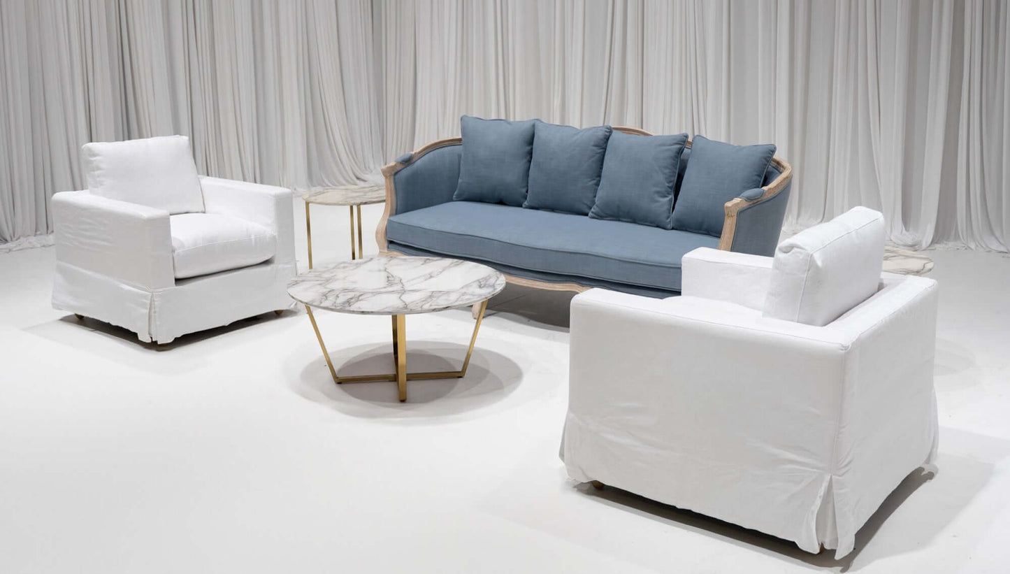FITZGERALD SOFA GROUPING 3 - DUSTY BLUE LINEN W/ NATURAL WOOD - Featured Items in this grouping include: Fitzgerald Sofa - Dusty Blue Linen W/ Natural Wood Charleston Slipcover Armchair Luxor Coffee Table Luxor Accent Table
