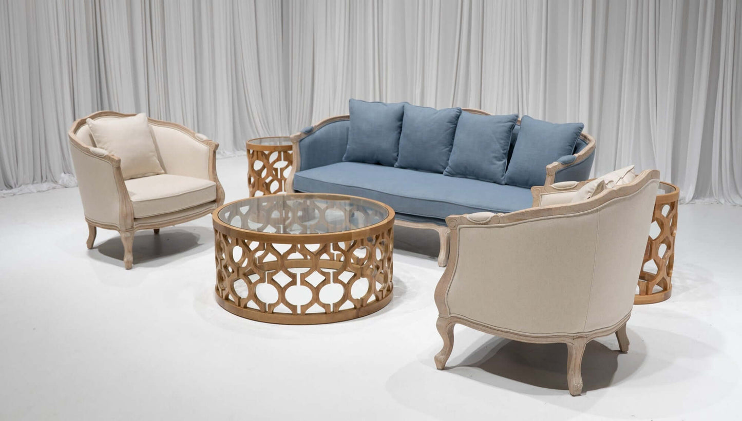 FITZGERALD SOFA GROUPING 4 - DUSTY BLUE LINEN W/ NATURAL WOOD - Featured Items in this grouping include: Fitzgerald Sofa - Dusty Blue Linen W/ Natural Wood Fitzgerald Armchair - Ivory W/ Natural Wood Piedmont Coffee Table - Natural Wood Piedmont Accent Ta