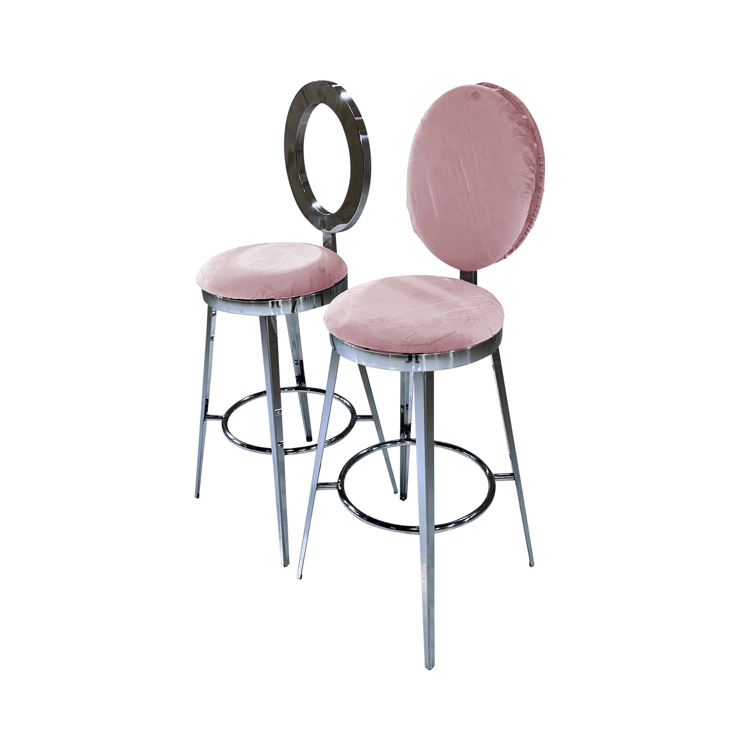 BELLAGIO BARSTOOL - SILVER W/ BLUSH VELVET CUSHION - H 48” / W 18 1/4” / D 18 1/4”Seat Height 30”Seat Diameter 15 1/2” Elevate your party style with the gorgeous Bellagio Barstool. This barstool is a modern twist on the classic "O" back barstool. Choose f