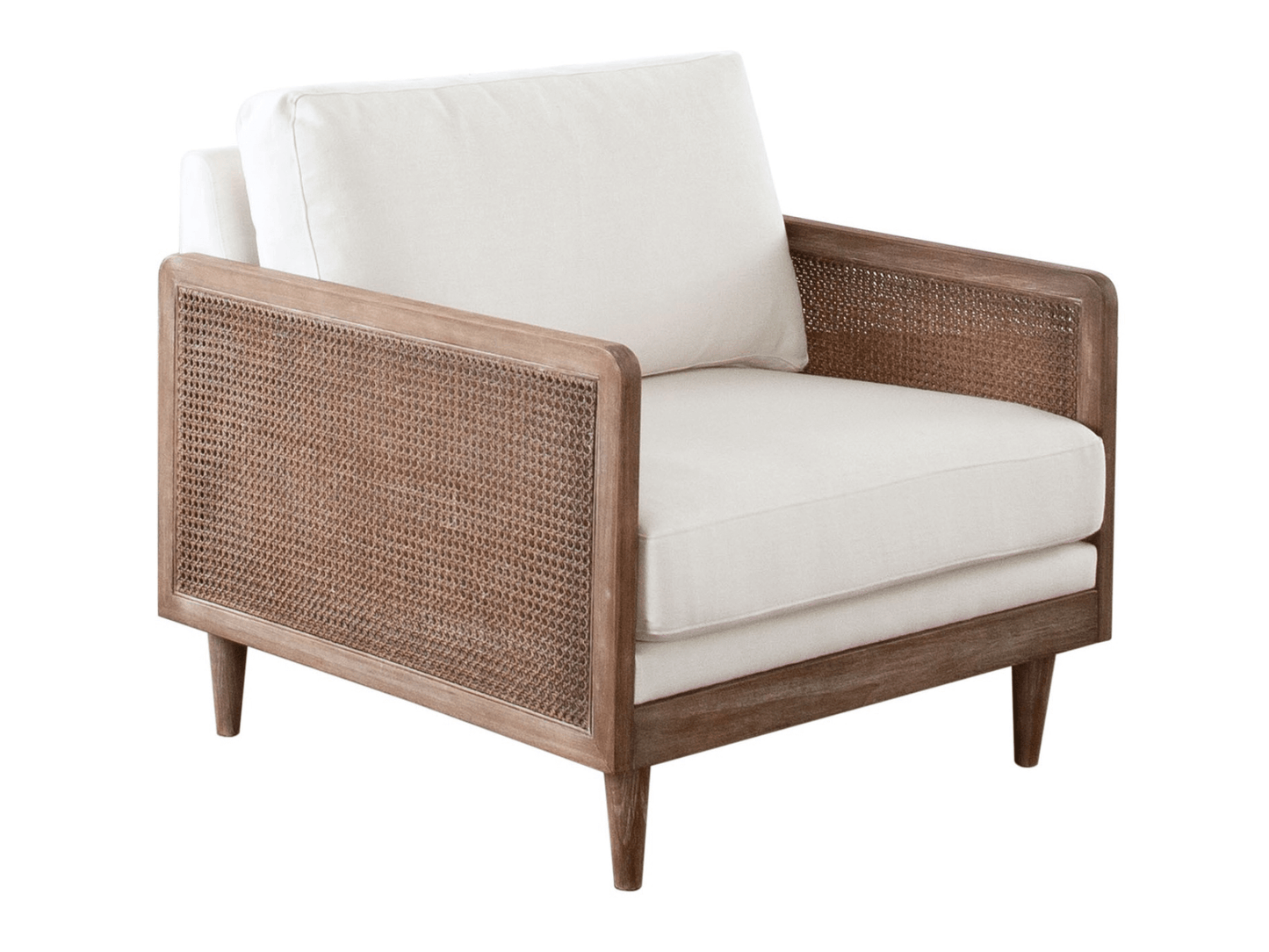 JEFFREY ARMCHAIR - H 35" / W 36.5" / D 33.5" | Chair Height 18" Upgrade your event decor with the Jeffrey Armchair. It's mid century modern/bohemian style, with a mix of wicker and wood, provides a sleek look that is perfect for both indoor and outdoor us