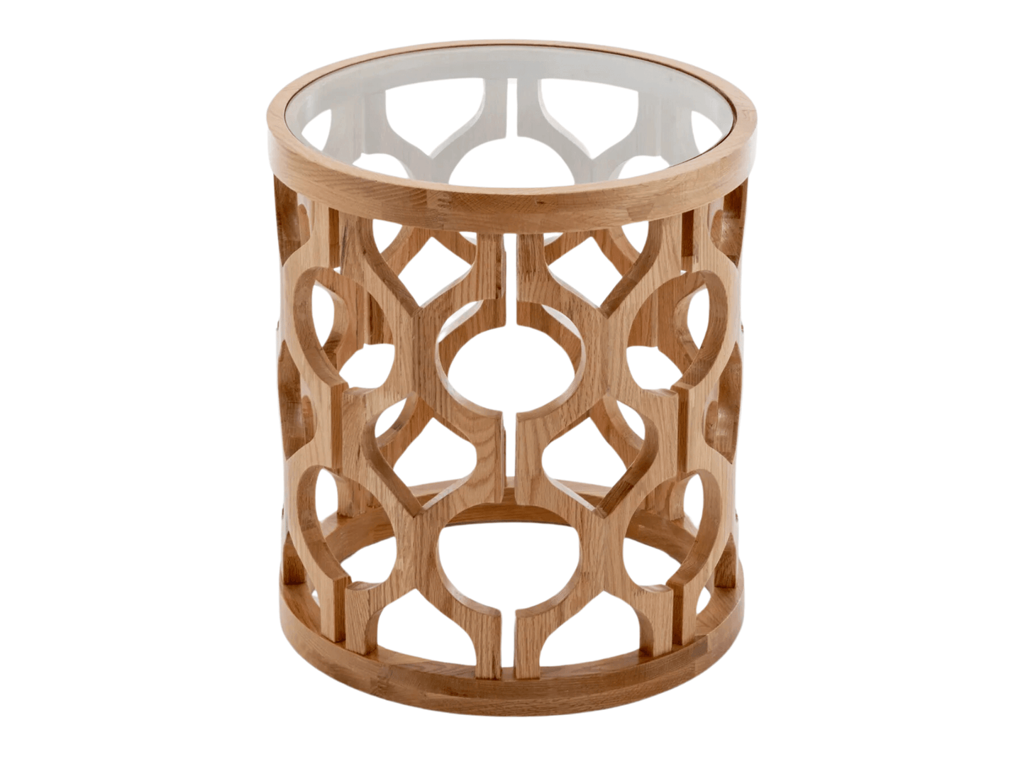 PIEDMONT ACCENT TABLE - NATURAL WOOD - H 23.6” / W 20.9" / D 20.9" LLL's Piedmont Accent Table is a stunning piece that combines artistry with functionality. Its circular design features an intricate openwork wooden frame with geometric patterns, showcasi