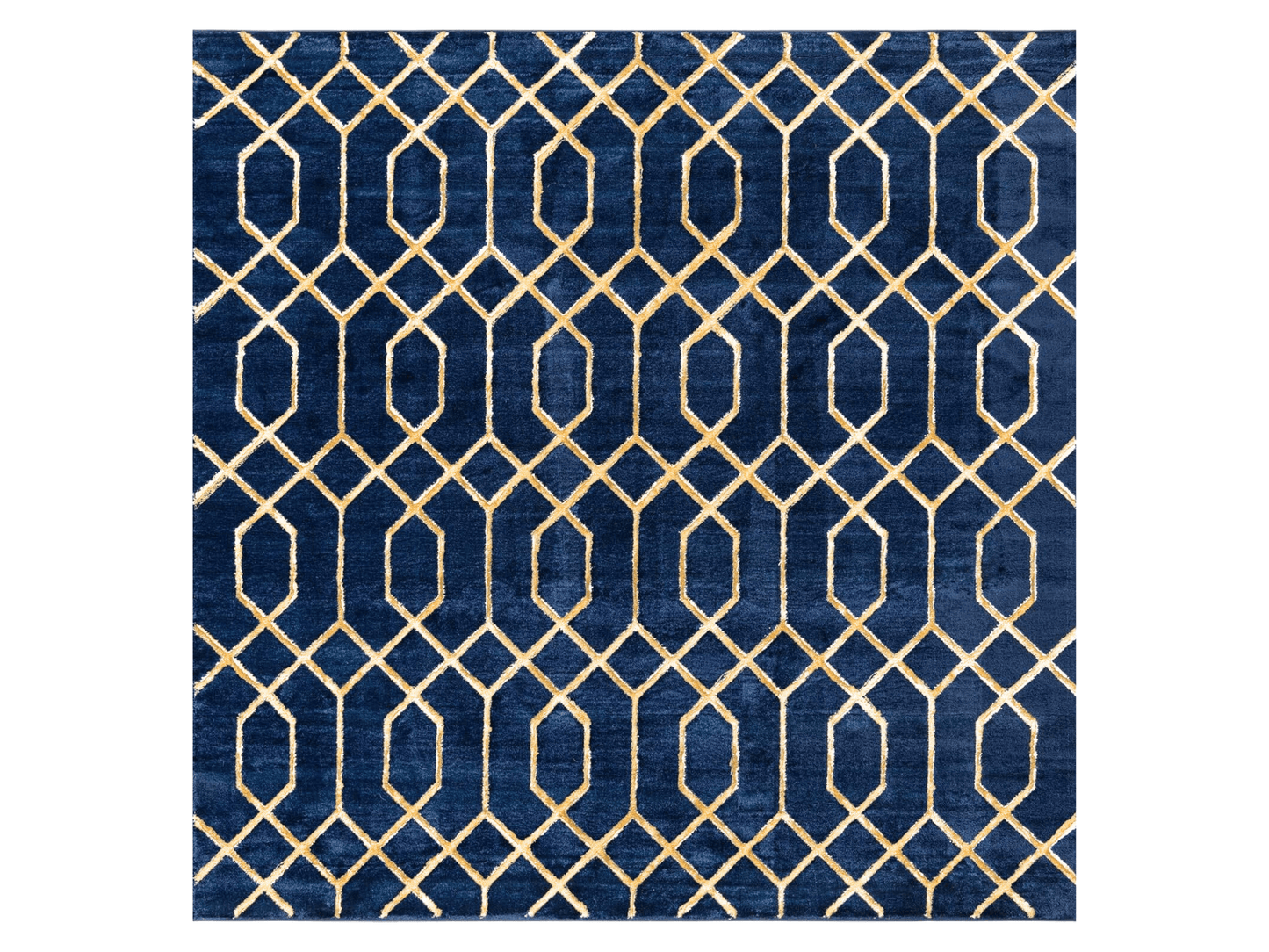 PATTERNED AREA RUG - NAVY BLUE GOLD | 7' x 10' - Accentuate your event space with LLL's luxurious 7' x 10' navy blue gold patterned area rug. Let the plush, 100% polyester fibers instantly transform your event décor while providing superior comfort. With