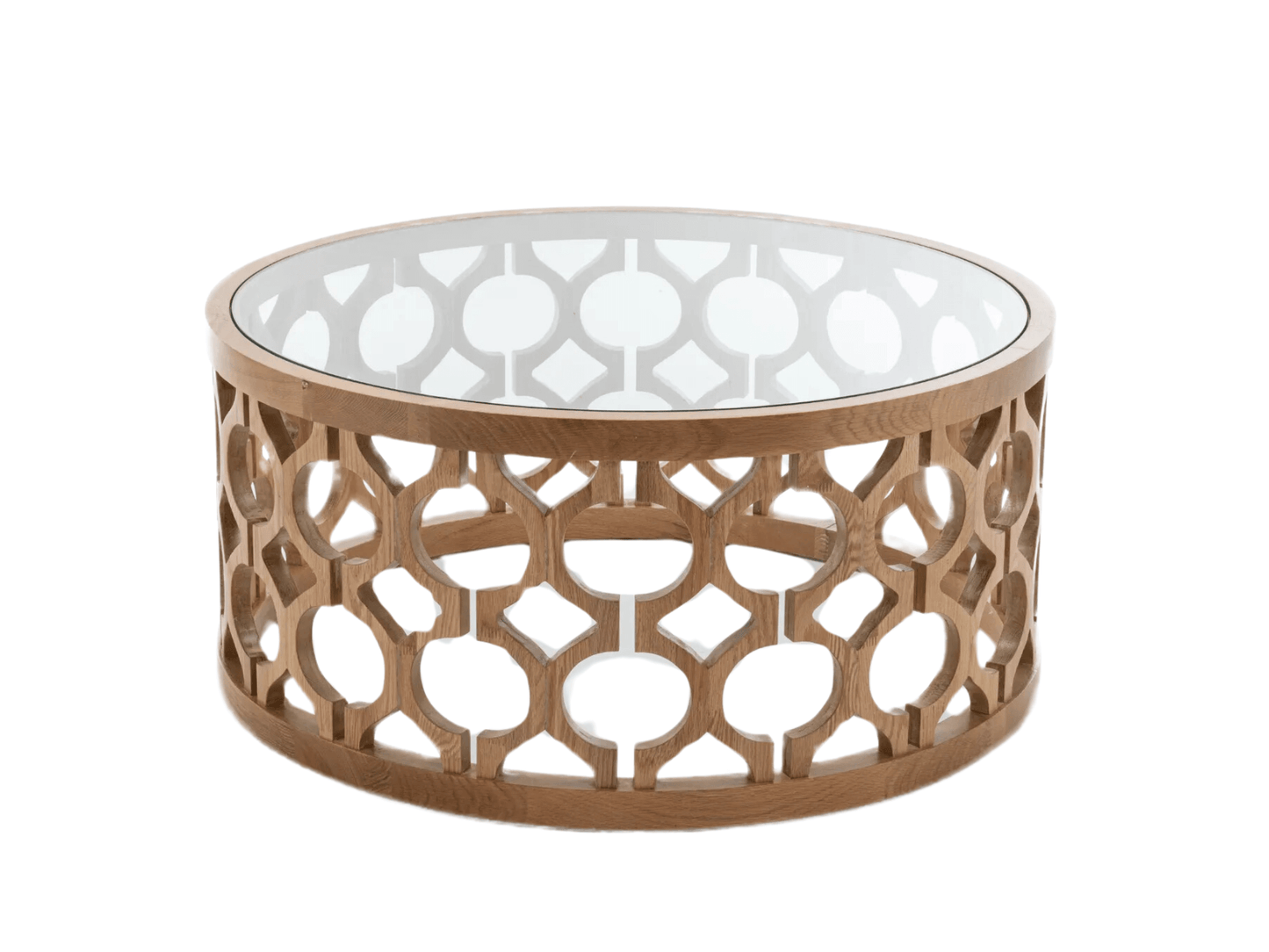 PIEDMONT COFFEE TABLE - NATURAL WOOD - H 17.3" / W 39.4" / D 39.4" LLL's Piedmont Coffee Table is a stunning piece that combines artistry with functionality. Its circular design features an intricate openwork wooden frame with geometric patterns, showcasi