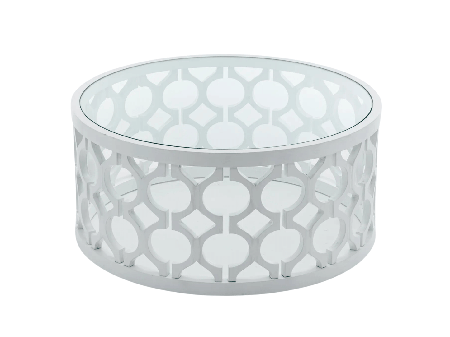 PIEDMONT COFFEE TABLE - WHITE WOOD - H 17.3" / W 39.4" / D 39.4" LLL's Piedmont Coffee Table is a stunning piece that combines artistry with functionality. Its circular design features an intricate openwork wooden frame with geometric patterns, showcasing