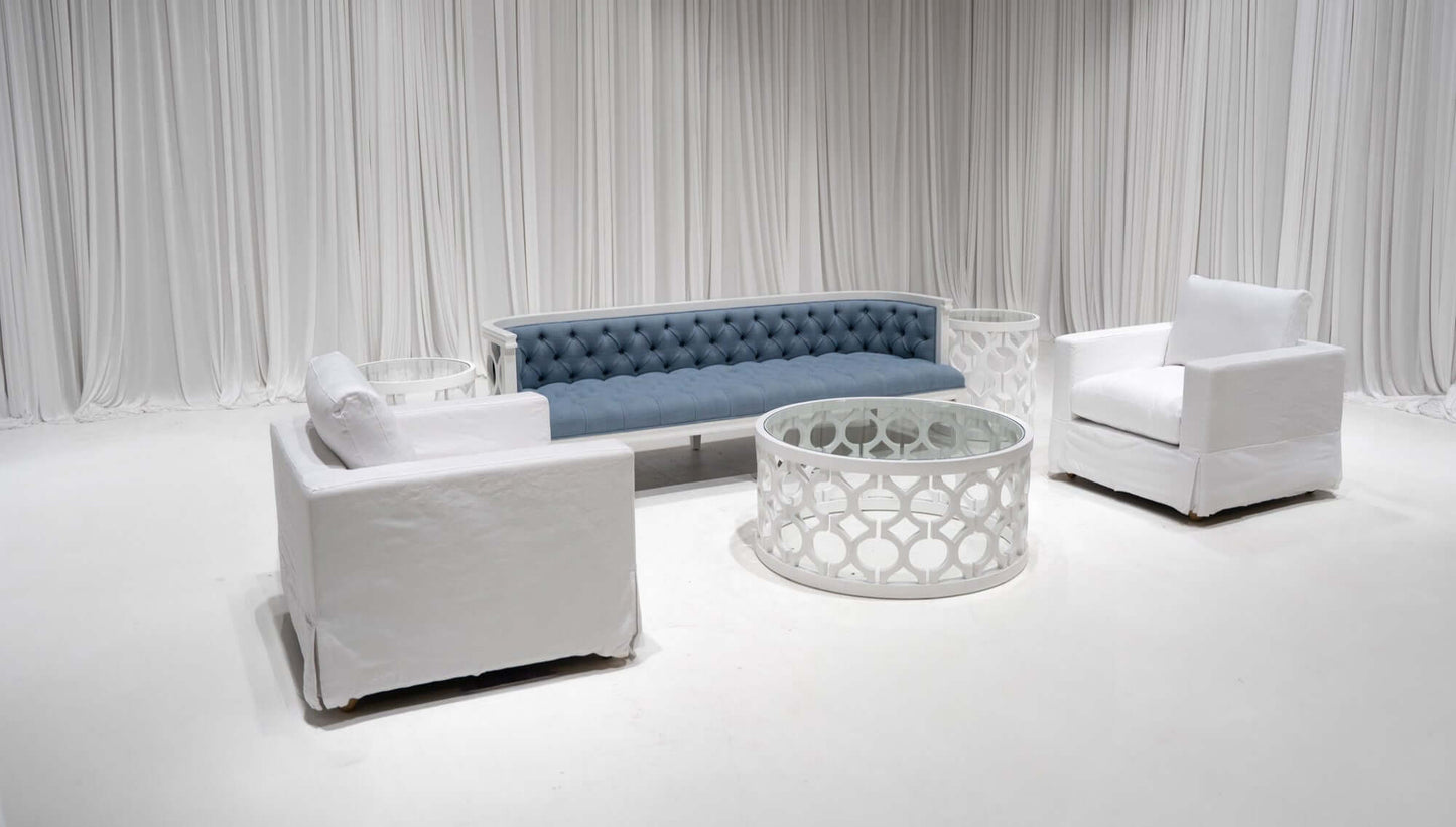 PIEDMONT SOFA GROUPING 1 - DUSTY BLUE LINEN W/ WHITE WOOD - Featured Items in this grouping include: Piedmont Sofa - Dusty Blue Linen w/ White Wood Charleston Slipcover Armchair Piedmont Coffee Table - White Wood Piedmont Accent Table - White Wood