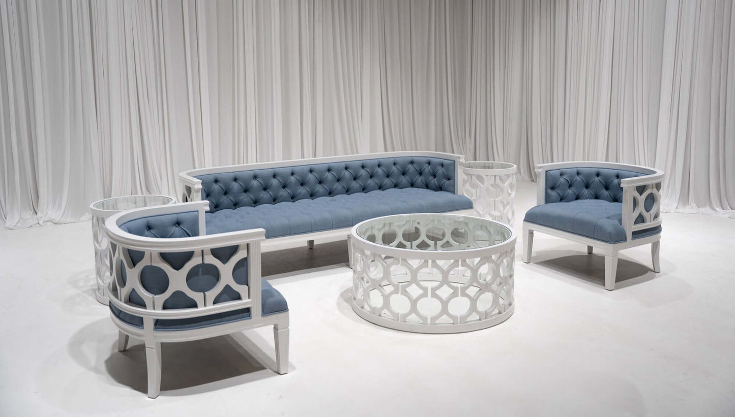 PIEDMONT SOFA GROUPING 2 - DUSTY BLUE LINEN W/ WHITE WOOD - Featured Items in this grouping include: Piedmont Sofa - Dusty Blue Linen w/ White Wood Piedmont Armchair - Dusty Linen w/ White Wood Piedmont Coffee Table - White Wood Piedmont Accent Table - Wh