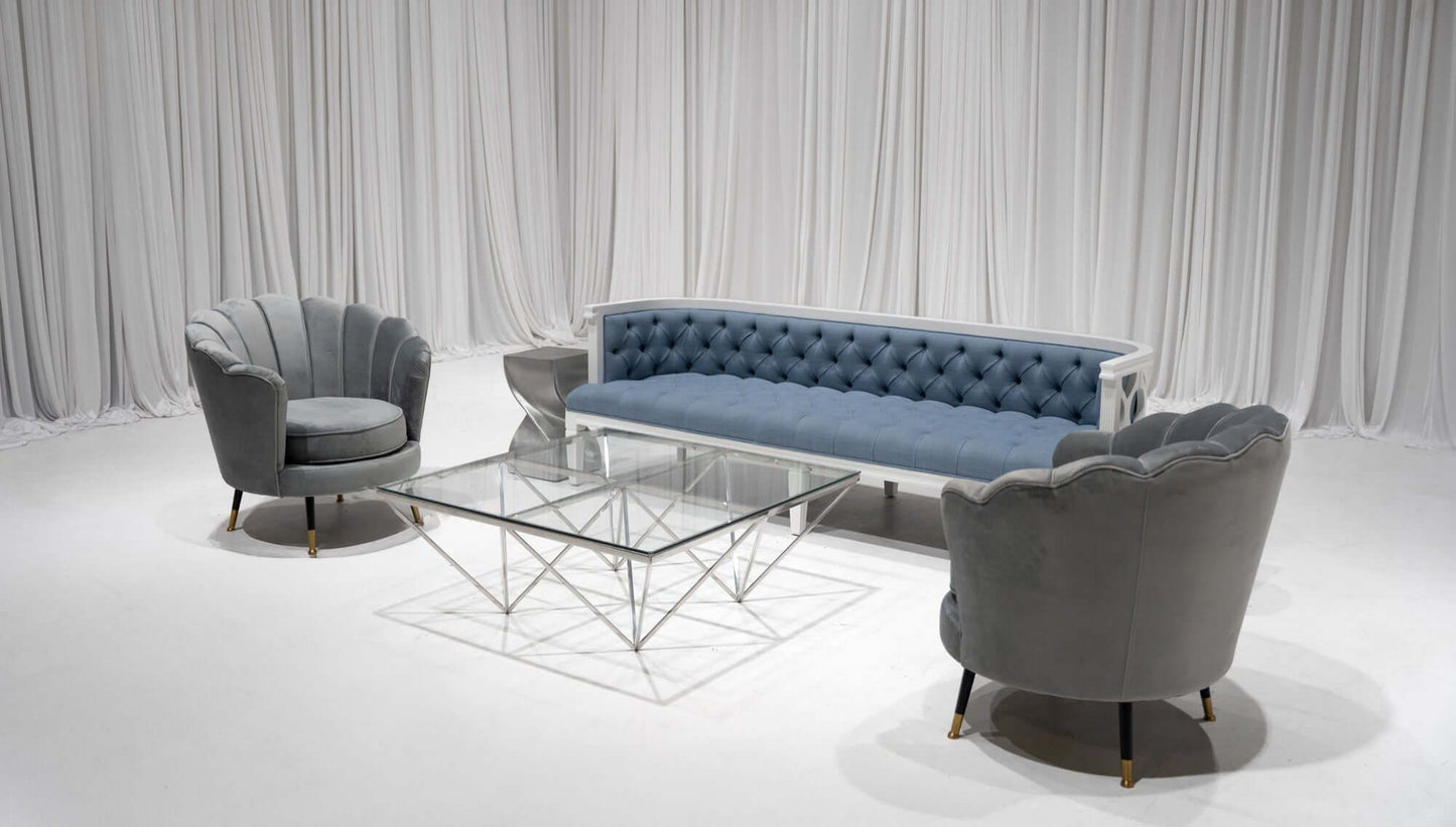 PIEDMONT SOFA GROUPING 3 - DUSTY BLUE LINEN W/ WHITE WOOD - Featured Items in this grouping include: Piedmont Sofa - Dusty Blue Linen w/ White Wood Celeste Armchair - Platinum Grey Empire Coffee Table Mercer Accent Table