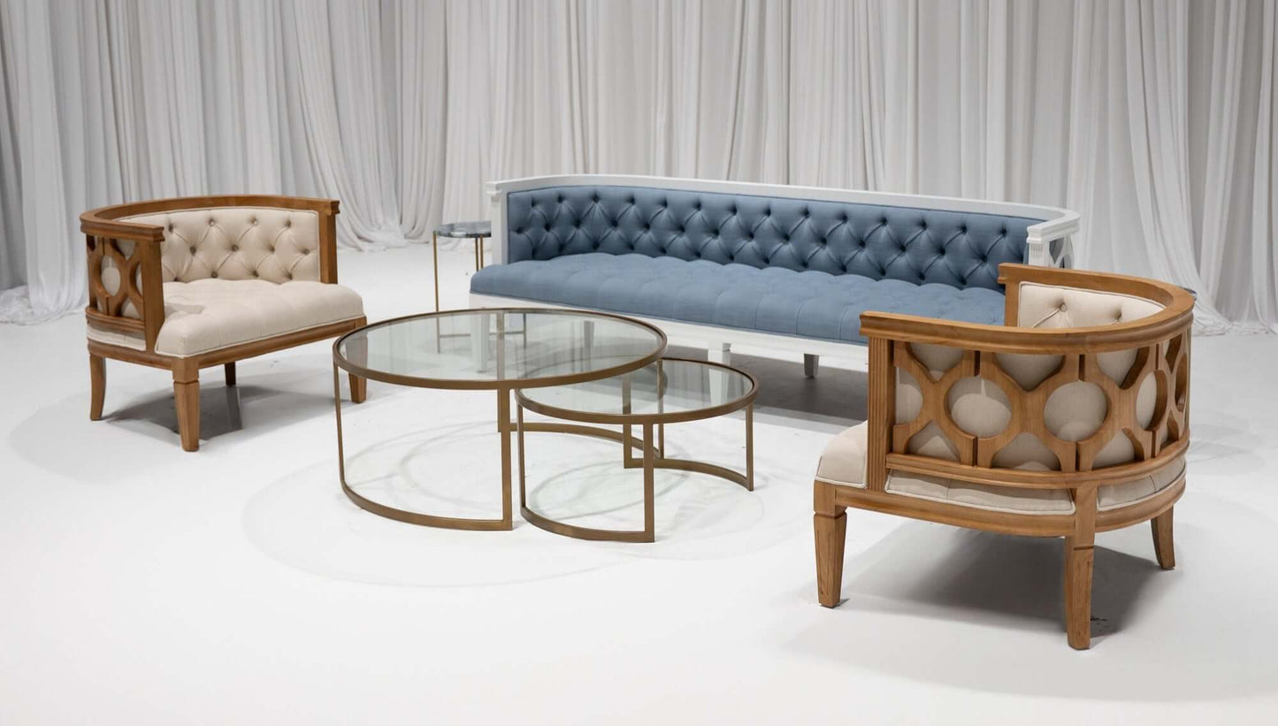 PIEDMONT SOFA GROUPING 4 - DUSTY BLUE LINEN W/ WHITE WOOD - Featured Items in this grouping include: Piedmont Sofa - Dusty Blue Linen w/ White Wood Piedmont Armchair - Ivory w/ Oak Wood Crown Nesting Table (2pc) Eden Accent Table - Blue