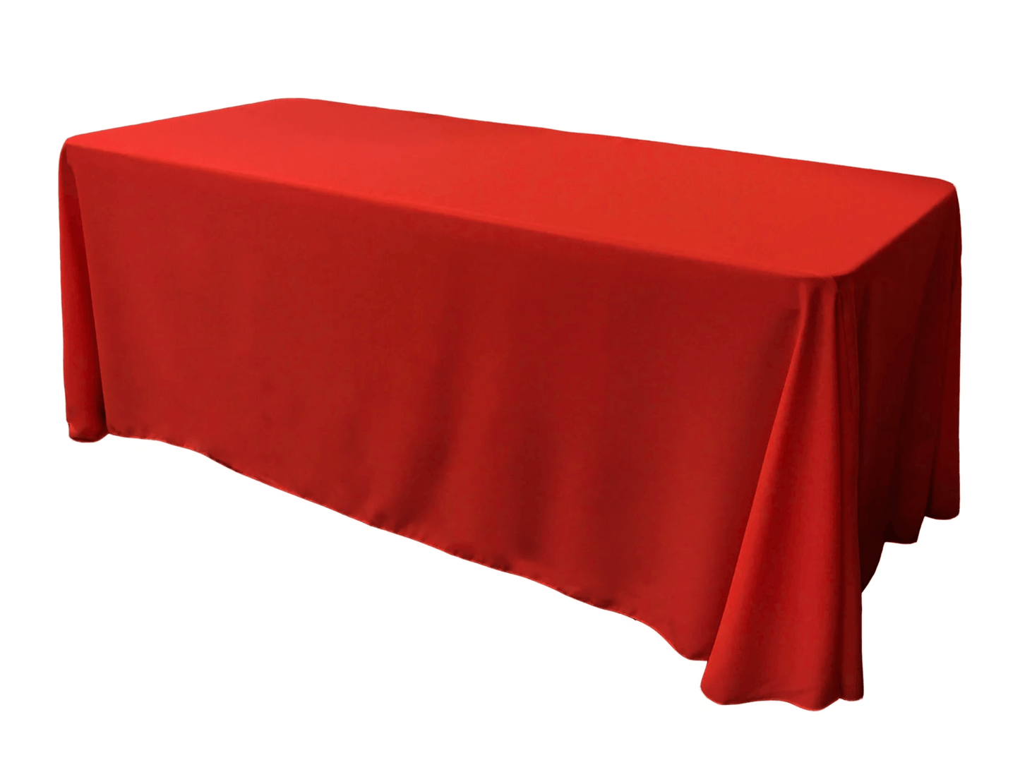 RECTANGULAR POLY LINEN | 90” x 156” - RED - W 90” x L 156” High quality polyester linen in Red that fits as floor length linen on a 8ft Banquet Table. Traditional polyester linens are an industry standard that create a neat and uniform appearance when pla
