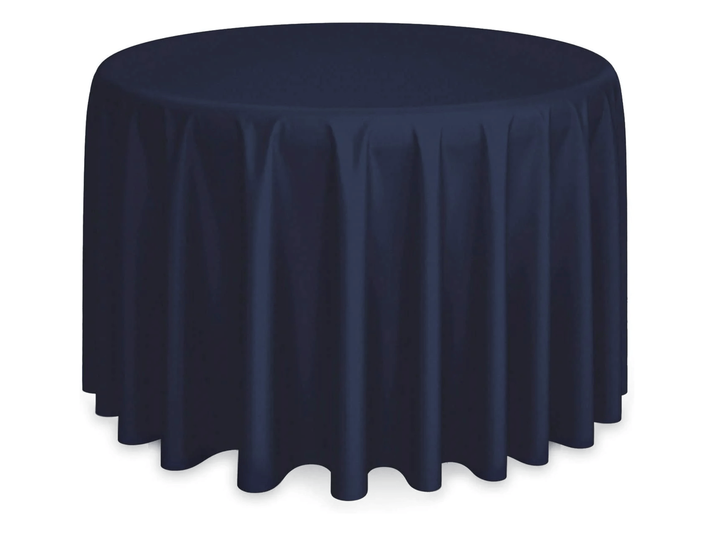 ROUND POLY LINEN - NAVY | 132" - 132" Diameter High quality polyester linen in Navy that fits as floor length linen on 60" or 72" Round Tables. Traditional polyester linens are an industry standard that create a neat and uniform appearance when placed on