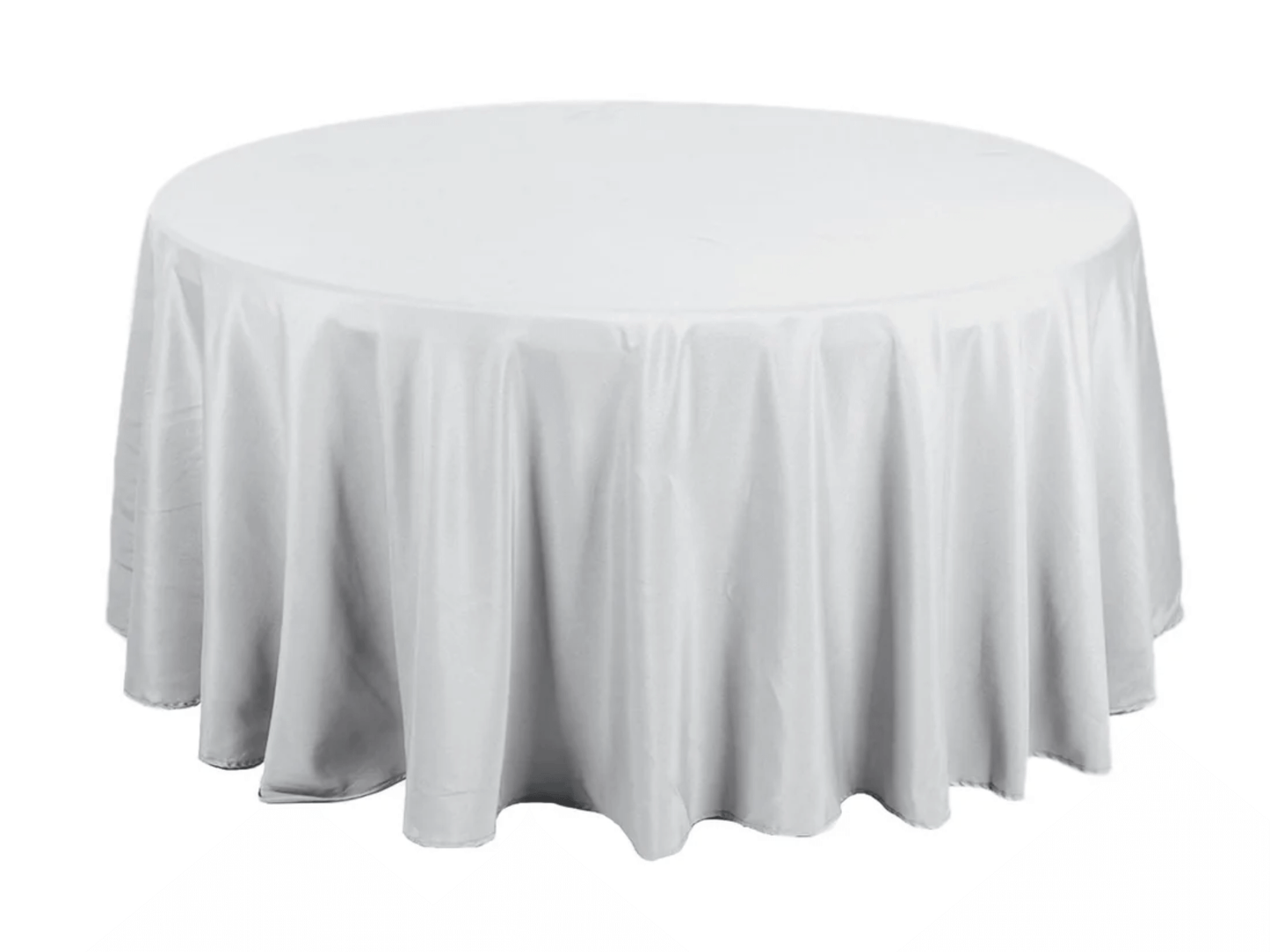 ROUND POLY LINEN - SILVER | 132" - 132" Diameter High quality polyester linen in Silver that fits as floor length linen on 60" or 72" Round Tables. Traditional polyester linens are an industry standard that create a neat and uniform appearance when placed