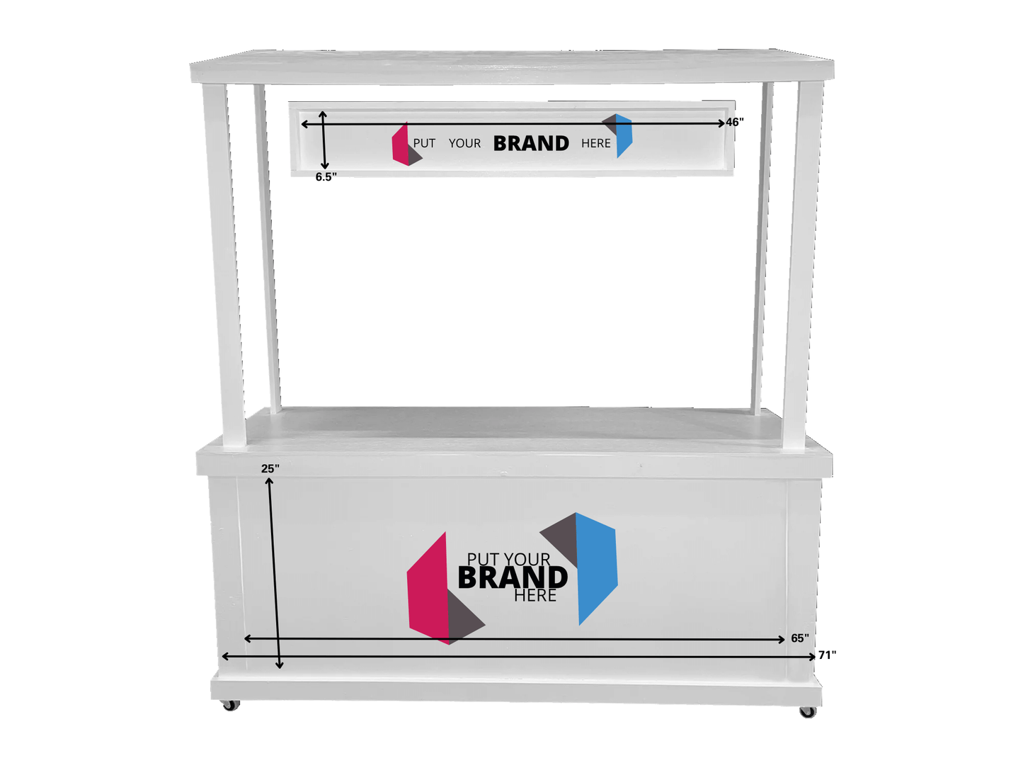 SAVANNAH MARKET STAND - Overall H 81.5" / Front H 75.25" / W 72" / D 24" / Table top H 33" Brandable Area of Hanging Sign: H 6.5" / W 46" Brandable Area of Lower Front: H 25" / W 65" or W 71" to use entire width of market stand front area. The Savannah Ma