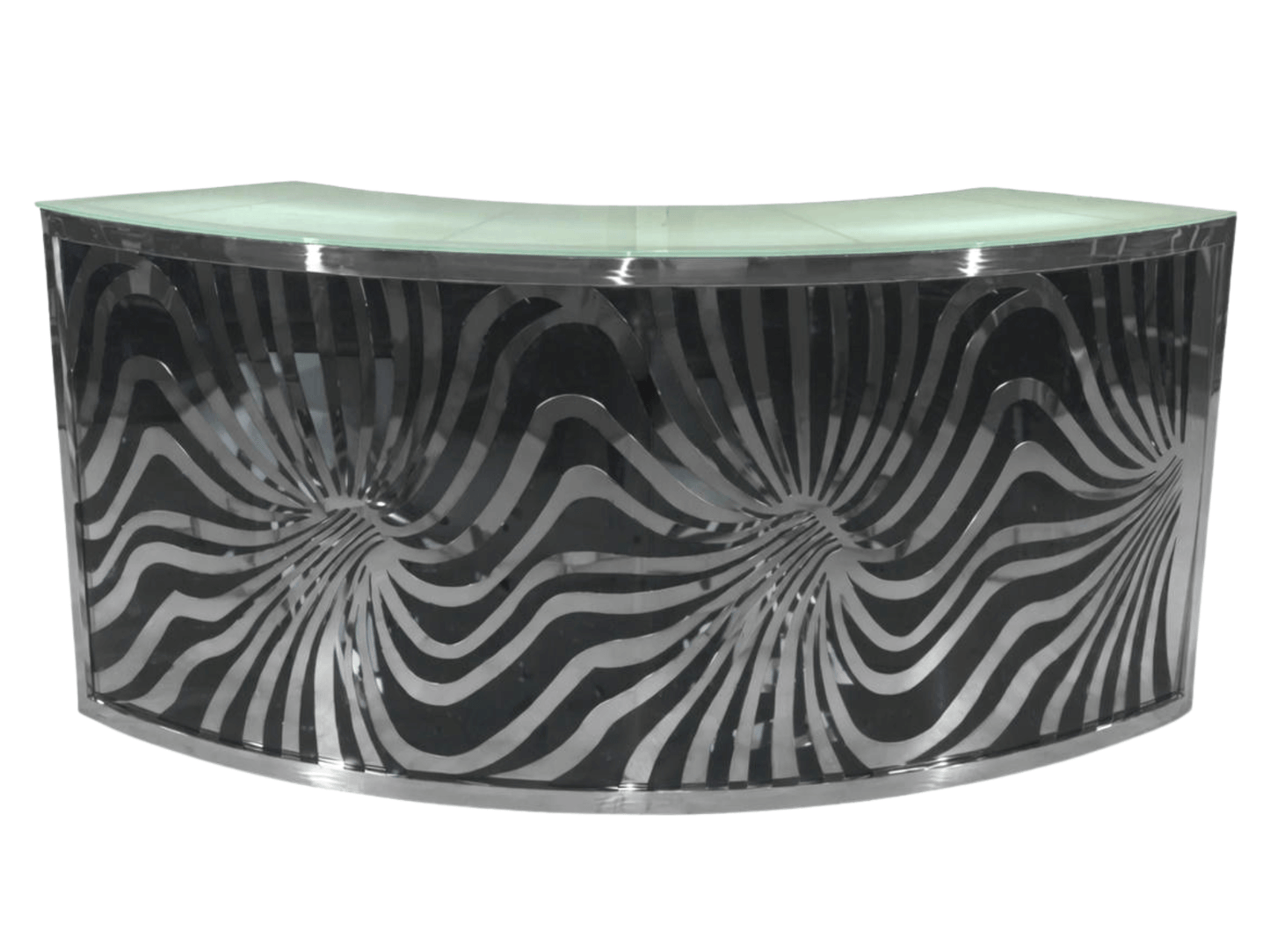 SKYY MOTION QUARTER CIRCLE BAR - BLACK W/ SILVER - H 43.5" / W 95" / D 24" / H (Shelf) 18.5" Set the perfect mood and ambiance with the LLL SKYY Motion Quarter Circle Bar in Black. This fully customizable and brandable metallic framed bar featuring a beau