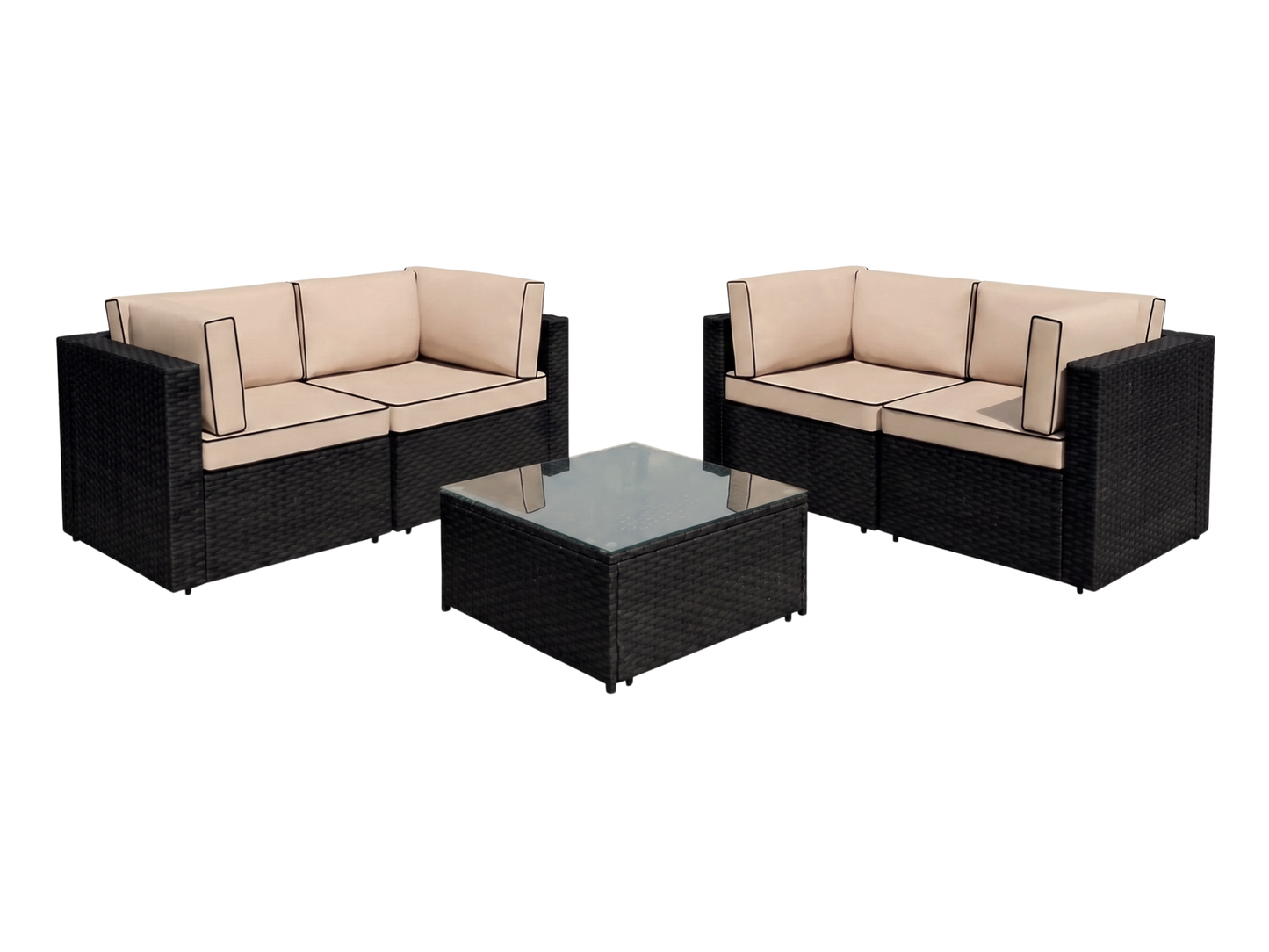 SUNSHINE 5PC LOUNGE SET - H 24" / W 52" / D 29.5" The Sunshine 5pc Lounge Set features 4 Sunshine corner with glass top wicker coffee table. This contemporary style furniture is perfect for gatherings and will add flare to any outdoor event; perfect for a
