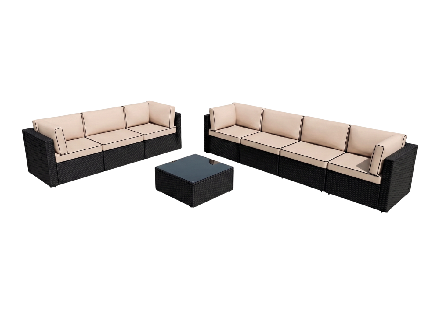 SUNSHINE 8PC LOUNGE SET - H 24" / W 109" / D 29.5" - 4pc Sofa H 24" / W 84.6" / D 29.5" - 3pc Sofa The Sunshine 8pc Sectional features 2 Sunshine corner sections and 6 Sunshine armless sections with glass top wicker coffee table. This contemporary style f