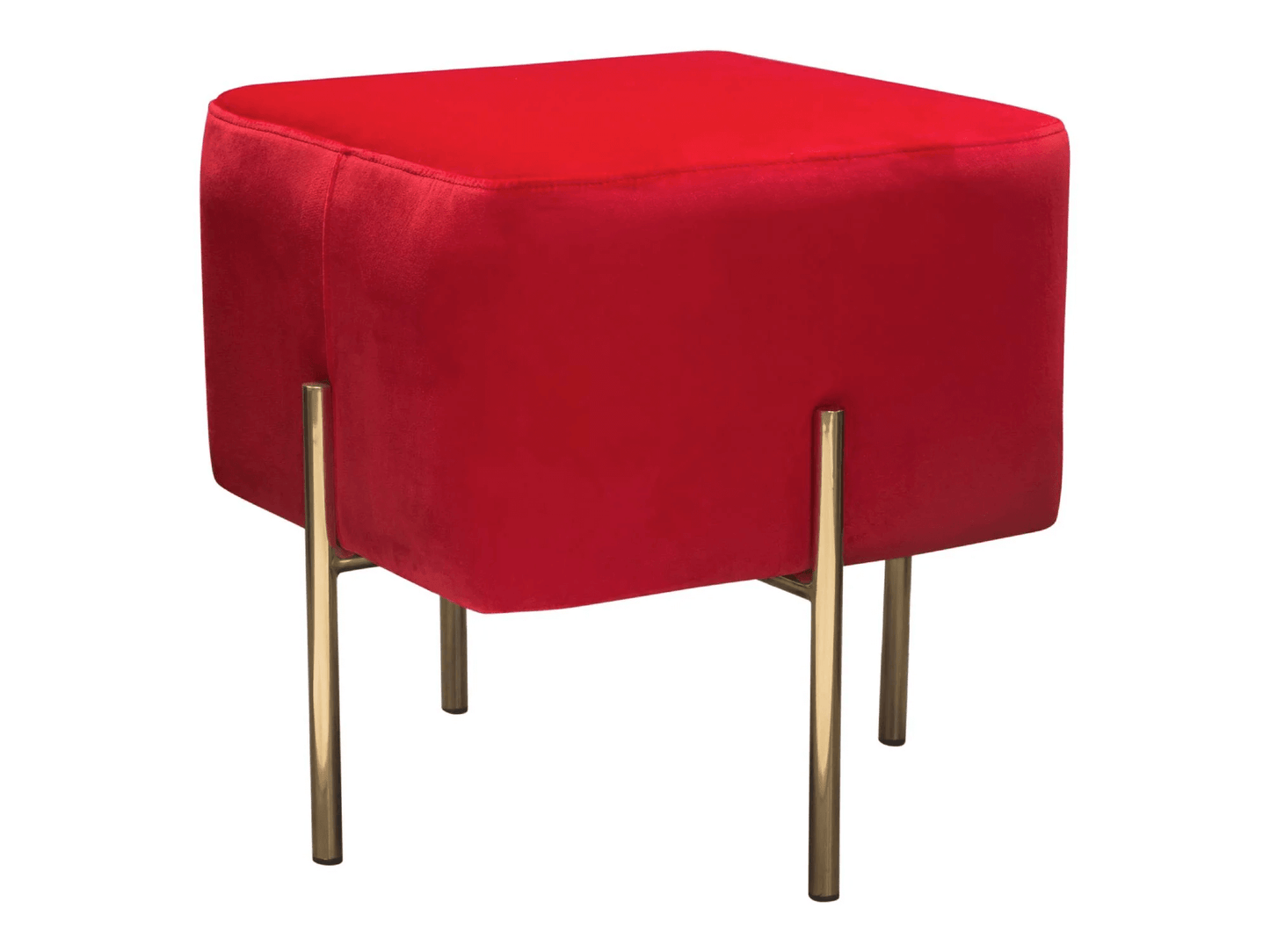 WHISPER PETITE SQUARE OTTOMAN - RED - H 18" / W 18" / D 18" LLL's Whisper Petite Square Ottoman in Red is a velvet square cushion ottoman on a gold base. This ottoman is small is size but mighty in style. This furniture accent is cool and modern while add