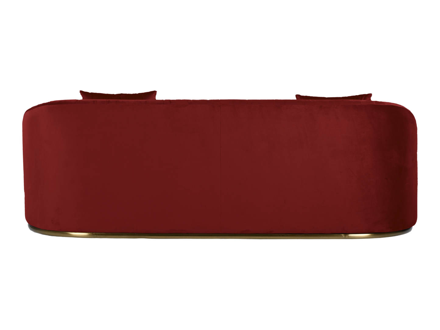 WORLD SOFA - MERLOT - H 29" / W 92" / D 38" *Accepting Orders Now, Available April 2026 The World Sofa in Burgundy features plush velvet material, a channel tufted backrest, and a gold base. Perfect for any event. Explore the WORLD COLLECTION inspired by