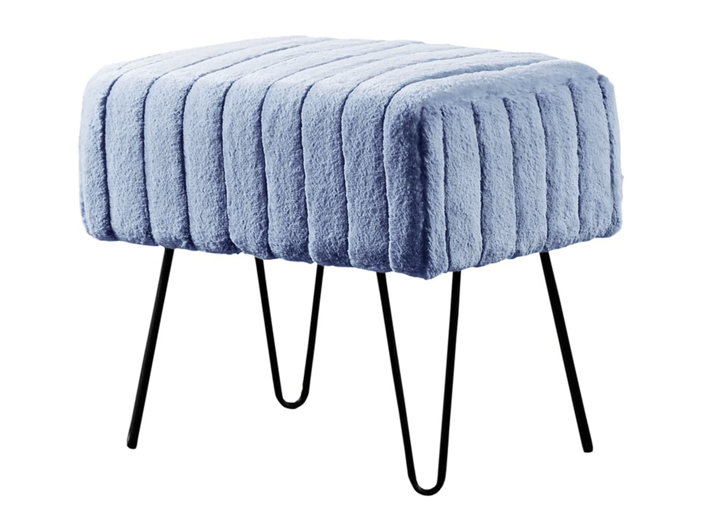 ZOE CHANNEL TUFTED VELVET OTTOMAN - BABY BLUE - H 17" / W 19" / D 13" LLL's stylish Zoe Channel Tufted Velvet Ottoman is upholstered in a luxurious baby blue velvet fabric. It features a classic tufted design with unique black legs and a plush seating su