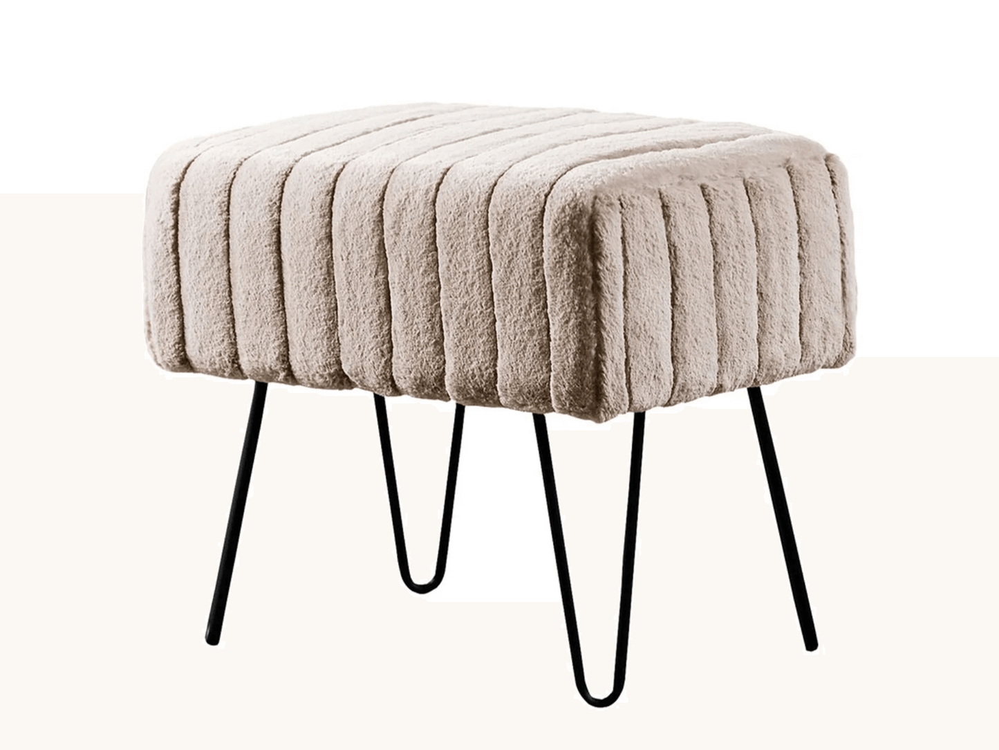 ZOE CHANNEL TUFTED VELVET OTTOMAN - OATMEAL - H 17" / W 19" / D 13" LLL's stylish Zoe Channel Tufted Velvet Ottoman is upholstered in a luxurious oatmeal velvet fabric. It features a classic tufted design with unique black legs and a plush seating surfac