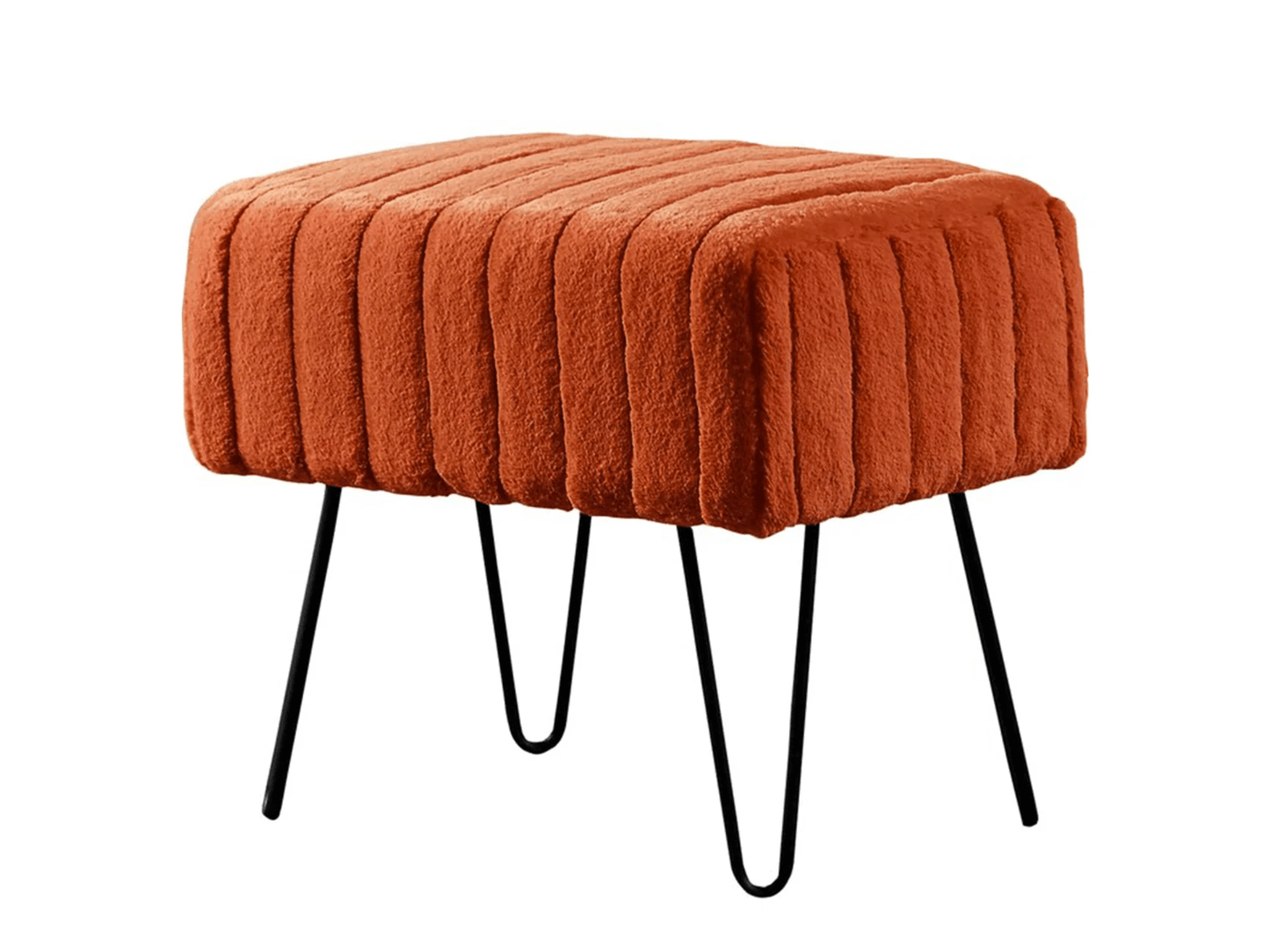 ZOE CHANNEL TUFTED VELVET OTTOMAN - ORANGE - H 17" / W 19" / D 13" LLL's stylish Zoe Channel Tufted Velvet Ottoman is upholstered in a luxurious orange velvet fabric. It features a classic tufted design with unique black legs and a plush seating surface.