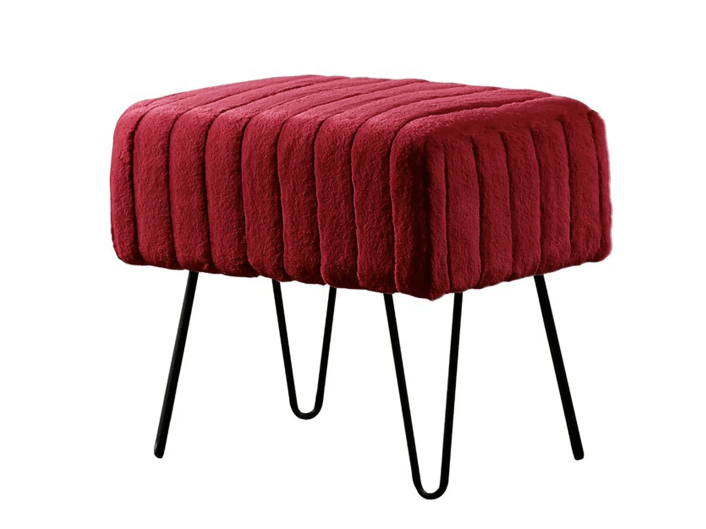ZOE CHANNEL TUFTED VELVET OTTOMAN - RED - H 17" / W 19" / D 13" LLL's stylish Zoe Channel Tufted Velvet Ottoman is upholstered in a luxurious red velvet fabric. It features a classic tufted design with unique black legs and a plush seating surface. Perfe