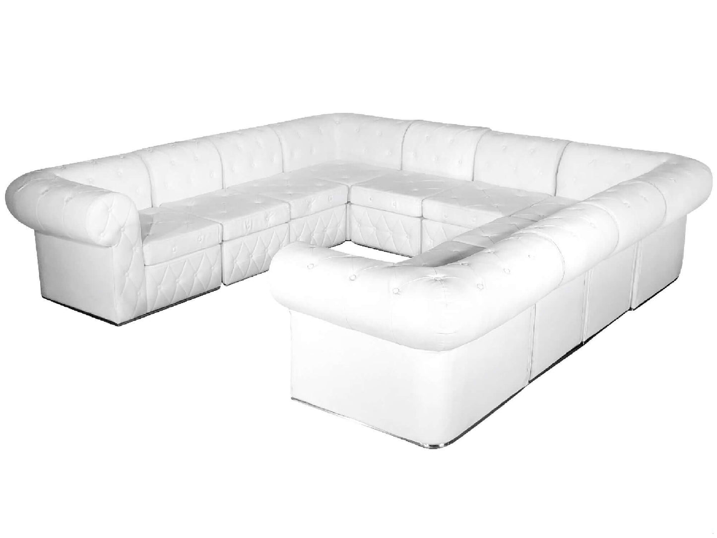 VENETIAN 10pc "U" SHAPE SECTIONAL - H 29" / W 110" / D 110" / D(seat) 22" The Venetian 10pc "U" shape sofa is perfect for large social gatherings and celebrations. The sofa features white button tufted leather and a traditional rolled arm back with a low