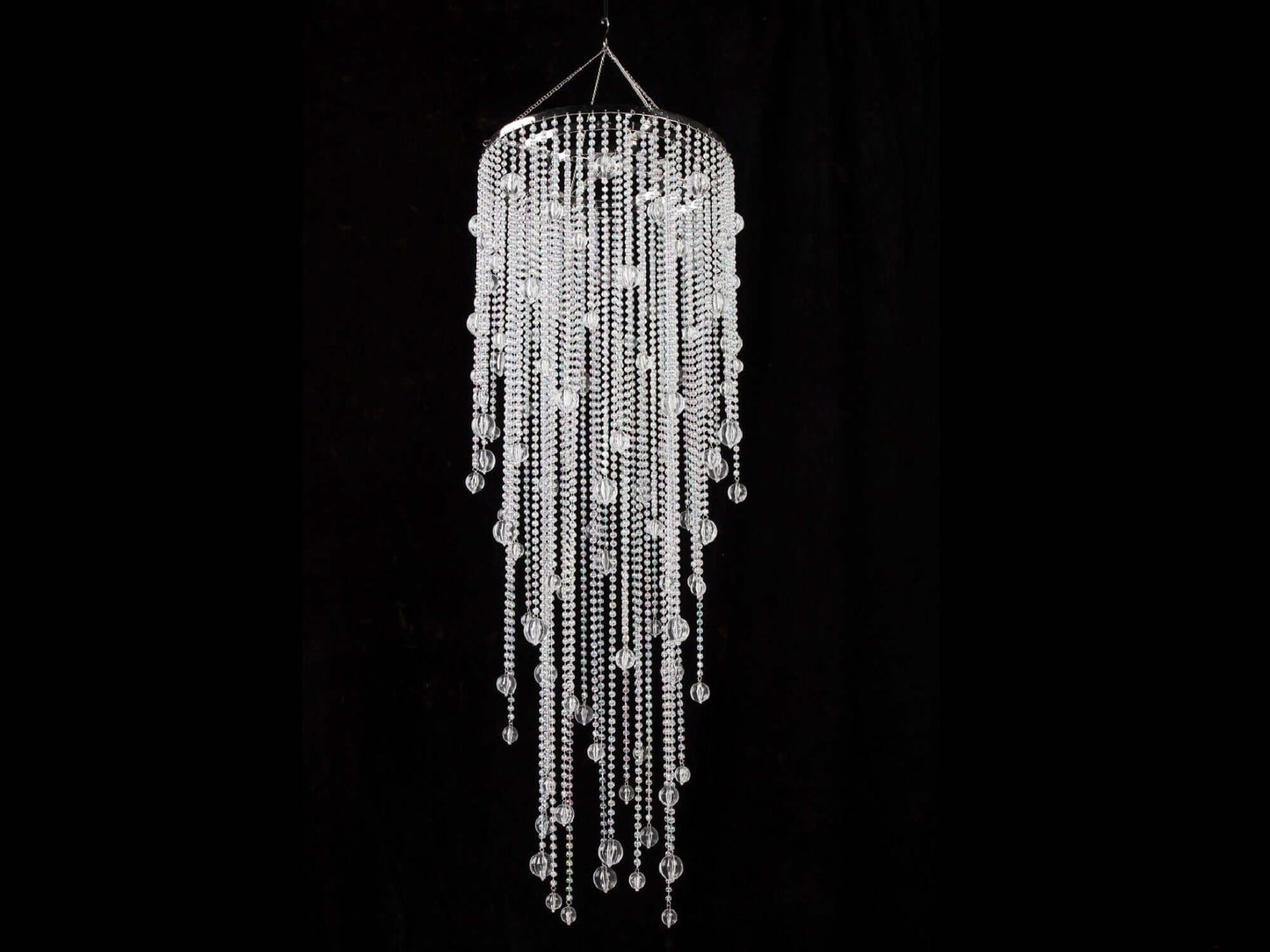 CHANDELIER | TEARDROP 3ft - H 3' / 13" Diameter LLL's 3ft Teardrop Chandelier is a spiral shaped acrylic crystal chandelier with large clear bauble style accent beads. This chandelier looks great in medium sized venues and smaller venues with high ceiling