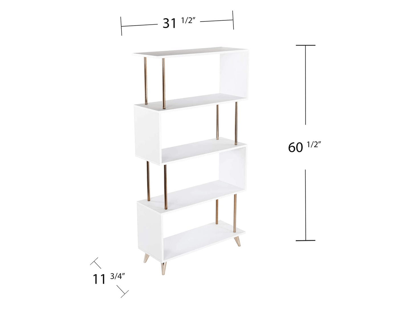 PIXEL GOLD DISPLAY UNIT - H 60.5" / W 31.5" / D 11.75" / Shelf Height 13" LLL's Pixel Display Unit is a white and gold modern style shelving unit. This bookcase has eye catching futuristic styling that is out of this world. Its bright white and gold color