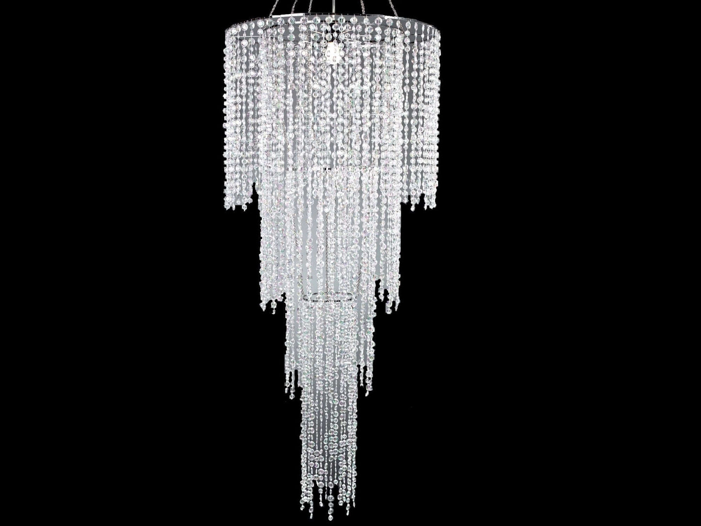 CHANDELIER | WATERFALL 5ft - H 5' / 24" Diameter LLL's 5ft Waterfall Chandelier is an acrylic crystal chandelier with waterfall tiers that adds shimmering elegance to your event decor. This chandelier looks great in both large and medium sized venues.
