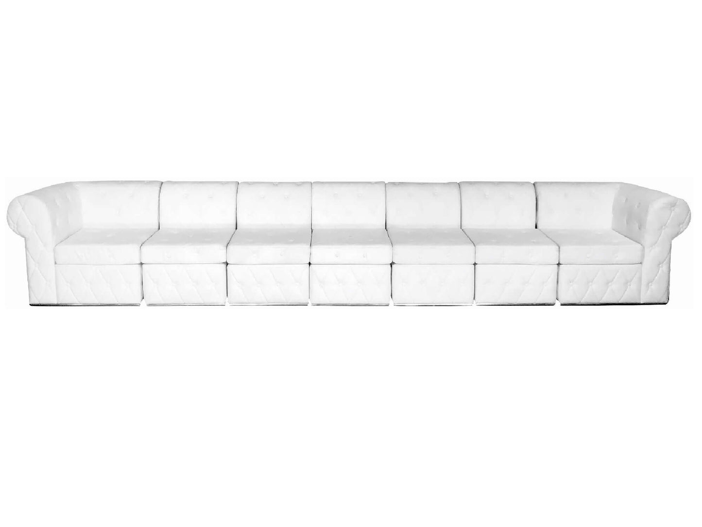 VENETIAN 7PC LONG SOFA - H 29" / W 176" / D 33" / D(seat) 22" The Venetian 7pc "L" shaped sofa is perfect for large social gatherings and celebrations. The sofa features white button tufted leather and a traditional rolled arm back with a low profile. Thi